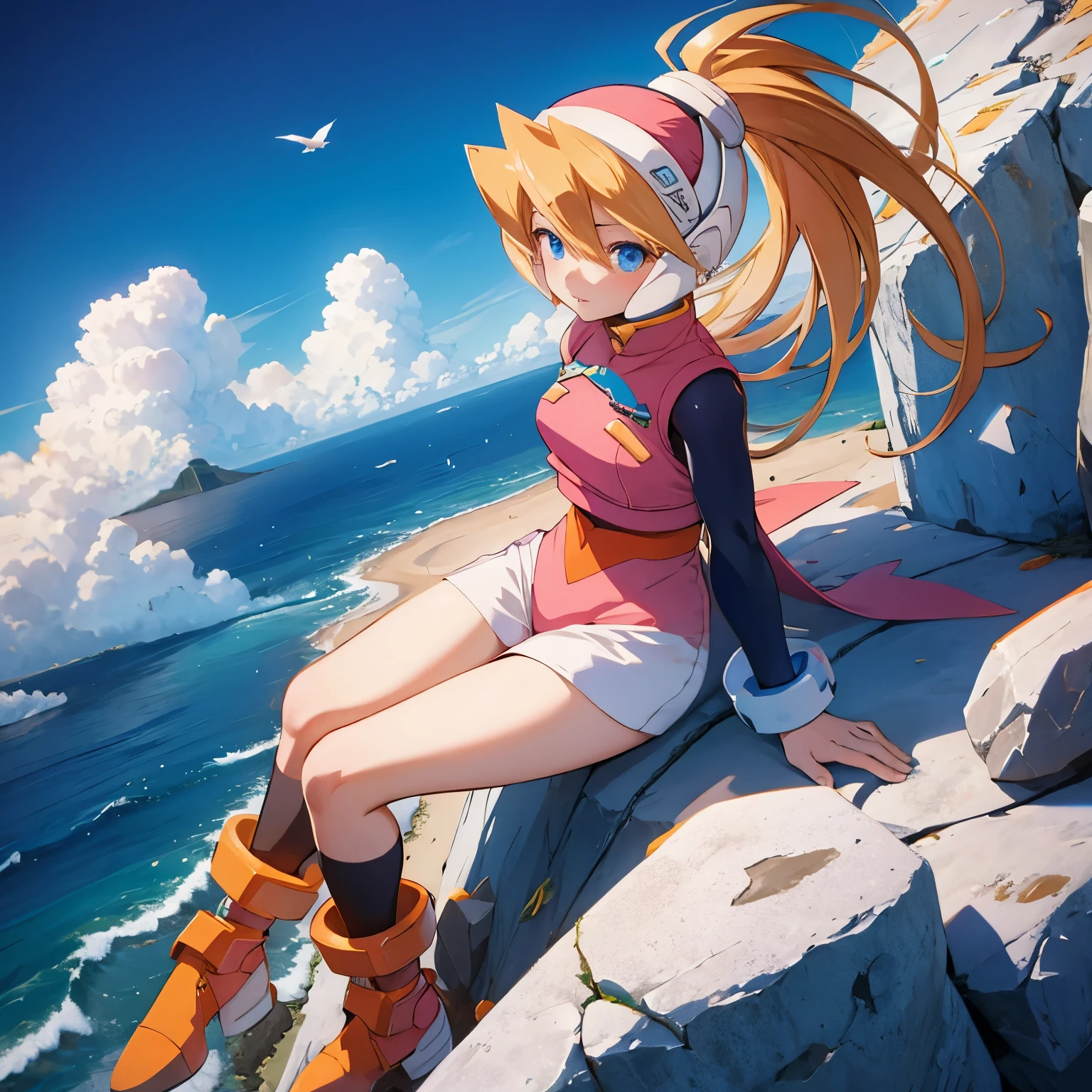 ciel_megamanz, 1girl, solo, long hair, blue eyes, blonde hair, ponytail, headgear, masterpiece, high quality, overlooking the ocean on the edge of a rock, in the style of avian-themed, realistic yet stylized, villagecore, azure, orange and azure, dragoncore, aerial view