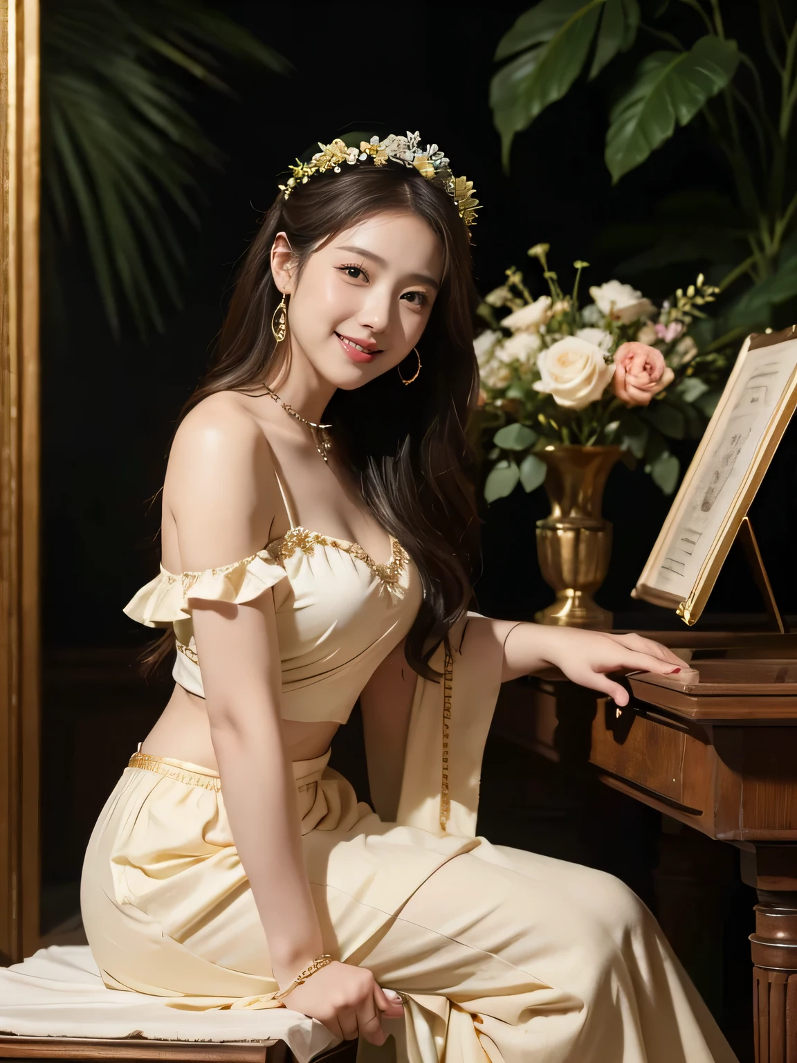 Giorgione painting style,Arguments of two female P、roses in vase、fruits、Cute trinkets、smile、ancient greek costume、Background is a forest lake at night 、Clothes that stretch your shoulders、A big smile、beautiful bare skin,Woman singing with sheet music