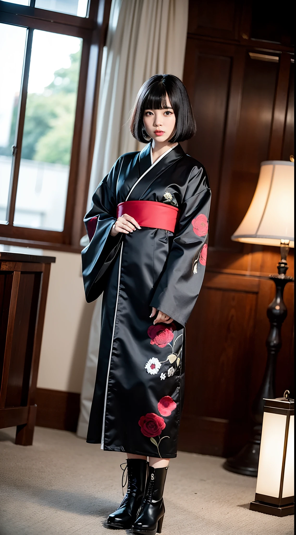 ulzzang-6500-v1.1,  (RAW photo:1.2), (Photoreal), (genuine:1.4), (muste piece), Classy woman with perfect figure: 1.3, jet black hair、((Straight bob cut hair with neatly trimmed ends、bangs、red hair band))、(She is wearing a dark purple long-sleeved kimono with an elegant pattern.)、standing with fan closed、Majestic Hall々, (murderous look:1.2)、 highly detailed face and skin, fine eyes, double eyelid,  (full body shot:1.14)、wearing short boots、