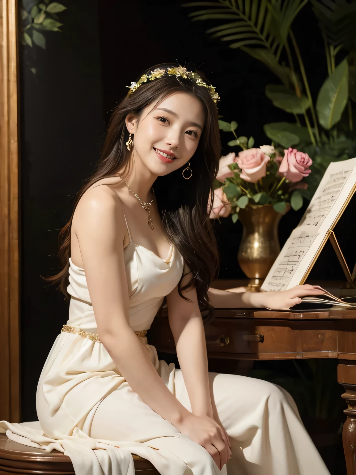 Giorgione painting style,Arguments of two female P、roses in vase、fruits、Cute trinkets、smile、ancient greek costume、Background is a forest lake at night 、Clothes that stretch your shoulders、A big smile、beautiful bare skin,Woman singing with sheet music