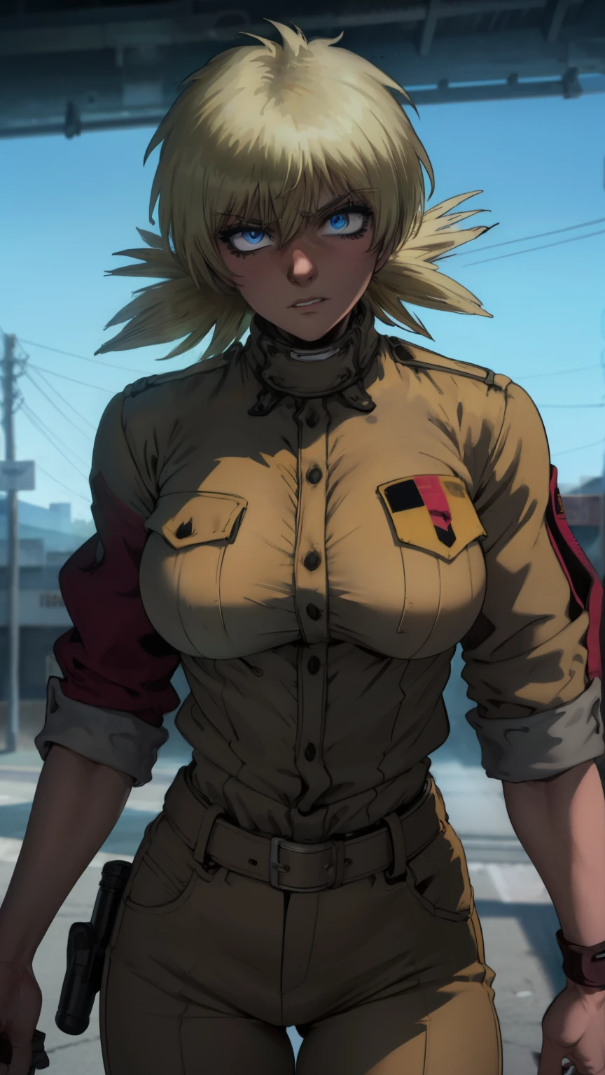 (best quality,4k,8k,highres,masterpiece:1.2),ultra-detailed,extremely detailed girl,beautiful detailed eyes,beautiful detailed lips,longeyelashes,leather jacket and pants,angry expression,holding a gun,black and white photography,low-key lighting,dark and gritty,urban setting,fierce attitude,action-packed scene,Vivid colors,intense shadows,sharp focus, seras, seras victoria, closeup, face closeup, frustrated expression 