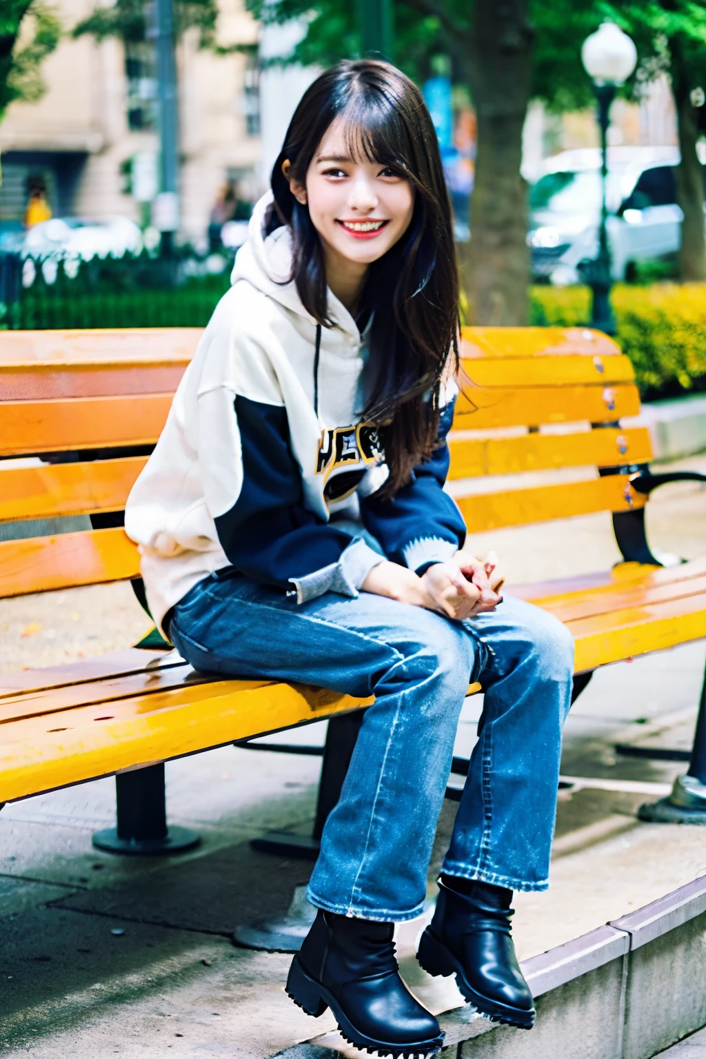 A neat and beautiful woman sitting on a park bench、hoodie、skinny denim、boots、black hair、refreshing smile、smiling showing teeth、full body photo
