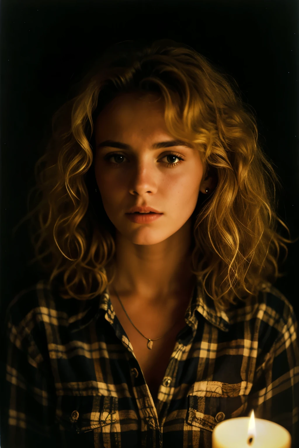 photograph of a woman, (troubled facial expression), textured skin, goosebumps, blonde afro hair, plaid flannel shirt with distressed boyfriend jeans, cowboy shot, dark and mysterious cave with unique rock formations and hidden wonders, perfect eyes, (candlelight,chiaroscuro), Porta 160 color, shot on ARRI ALEXA 65, bokeh, sharp focus on subject, shot by Don McCullin