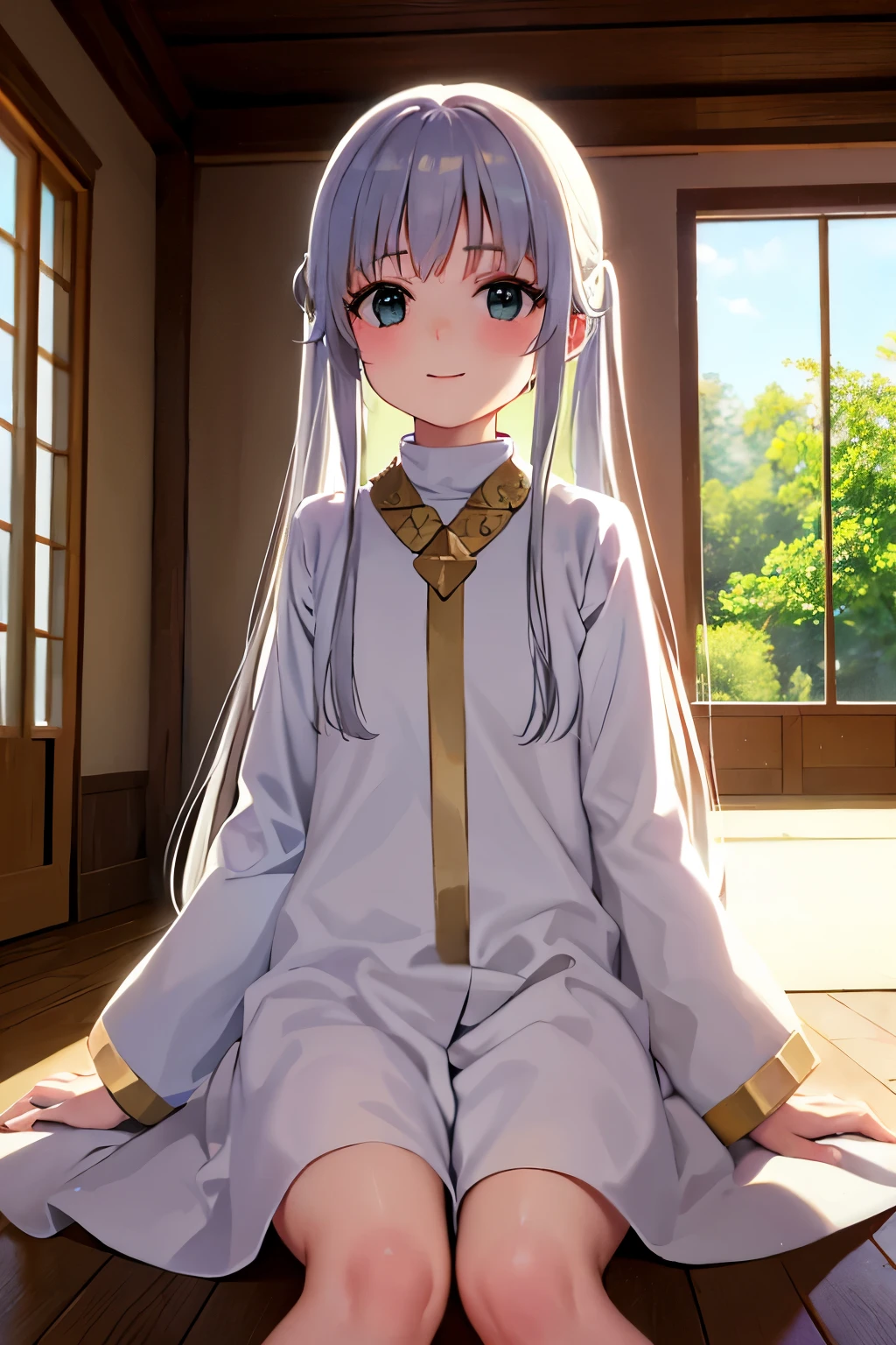 Cabello largo plateado, ojos verdes, monja, white clothes, small breast, sonrisa, happy, twintails, muslos hermosos, inside house