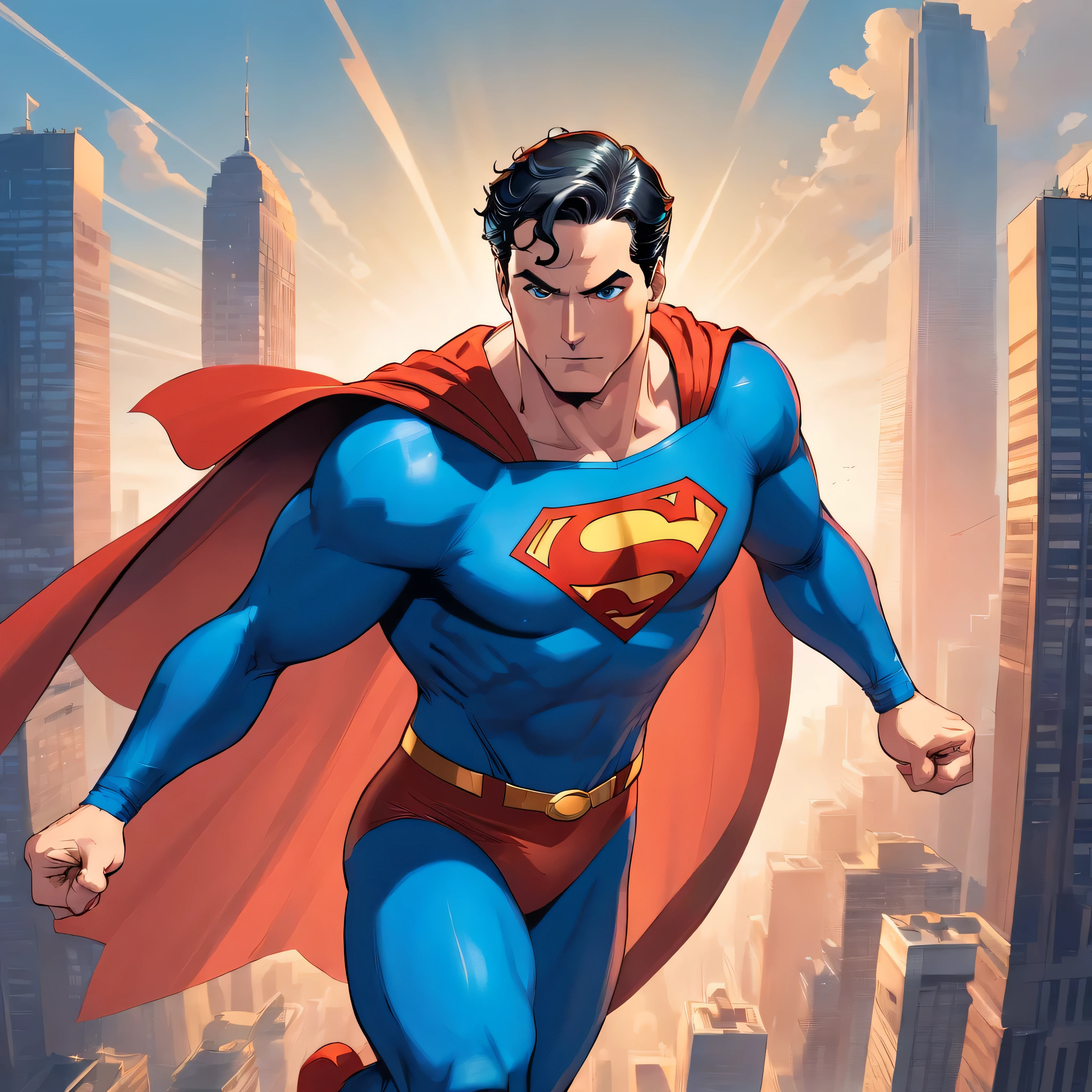 one muscle, Powerful Superman in a dynamic flying pose, with a confident and determined expression on his face. His iconic red and blue superhero costume is highly detailed, mostrando as texturas e contornos do tecido. As cores vibrantes do traje, including the bright red cloak that flows behind him, Crie um impacto visual impressionante. The symbol of the House of Him, the iconic Superman emblem, is prominently displayed on his chest.

The work has a medium of comic book illustration, capturing the essence of the beloved DC Comics character. The lines and shading are crisp and clean, giving the image a dynamic and energetic feel. It combines elements of traditional hand-drawn artworks with digital coloring techniques, resulting in a visually stunning piece.

Enquanto Superman assume o centro do palco, the background features the iconic skyline of Metropolis with its towering skyscrapers, todos banhados pela luz quente do sol. The buildings are highly detailed, featuring a blend of contemporary architecture and the classic art deco style that is synonymous with the world of Superman.

The lighting in the artwork is dramatic, with sunlight casting strong shadows on Superman's muscular physique, emphasizing their strength and power. Using highlights and shadows adds depth and dimension to the image, Bringing it to life.

The color palette of the work is rich and vibrant, with bold primary colors dominating the scene. O vermelho e o azul do traje do Superman se destacam contra os tons quentes da paisagem urbana, criando um contraste visualmente cativante.

Geral, This work is of the best quality, with ultra-detailed, realistic rendering. Every muscle and line in Superman's body is meticulously portrayed, highlighting his physical prowess and superhero status. Attention to detail creates a sense of realism, fazendo com que o espectador se sinta como se estivesse testemunhando o voo do Superman pessoalmente.

This prompt is suitable for
