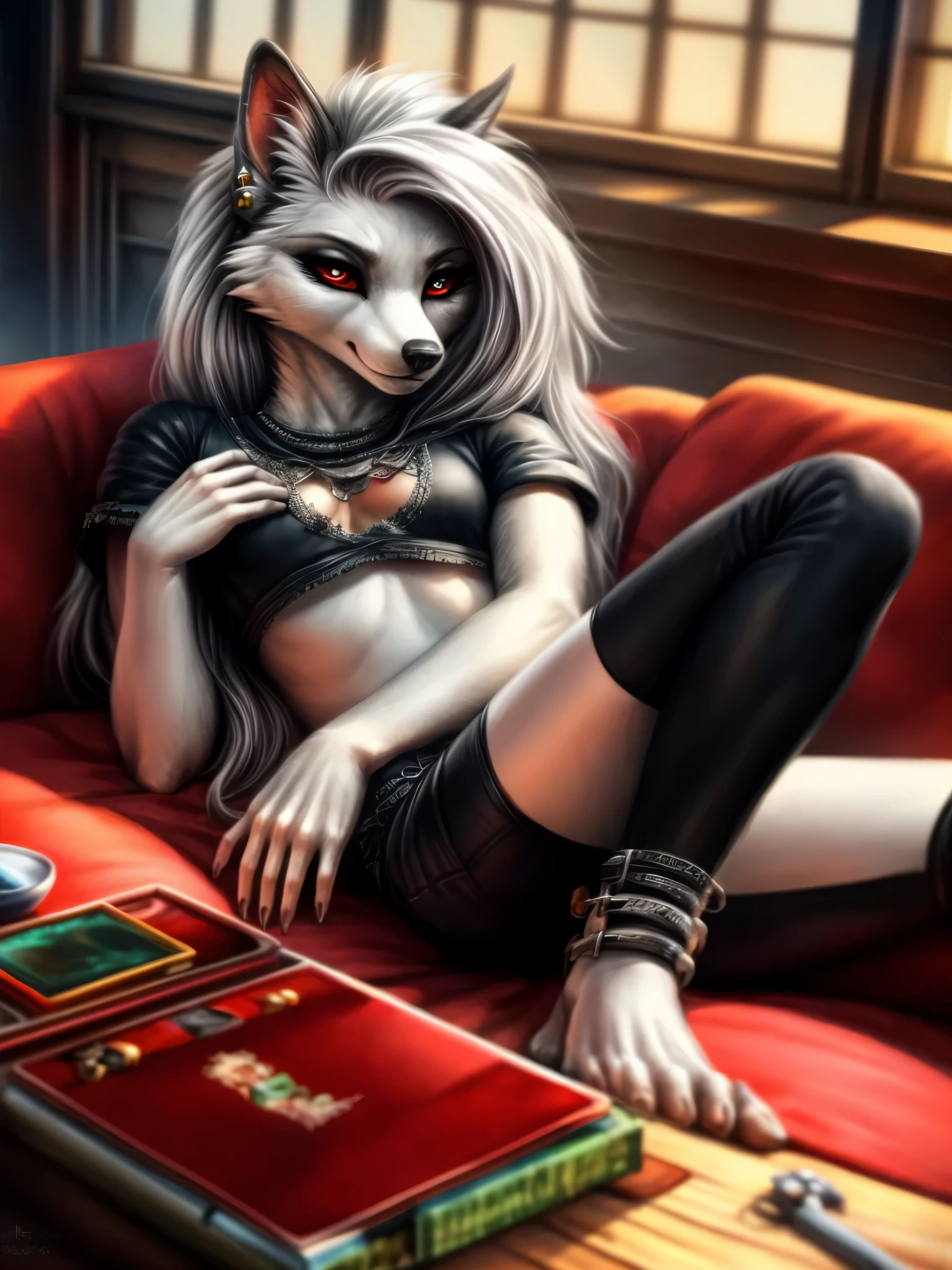 a woman in a white wolf costume sitting on a couch next to a laptop, art of silverfox, an anthropomorphic cyberpunk wolf, furry art, pov furry art, oc commission, gorgeous werewolf fursona, commission, in cyberpunk style, loish |, commission for, furry digital art, anthropomorphic furry art, furry fantasy art, female fursona, loona from helluva boss, big black eyes(black pupils) with red sclera(matced eyes), long silver hairs(white furred body), anthro's hands with 5 fingers, 5 toes, wearing tight black punk clothes(short shirt, shorts, kneesocks, bare feet, silver anklelace, silver earrings). (Very slim, living room scenario), warm colors, high details, hd, digital painted, masterpiece, breathtaking, seductive furry,