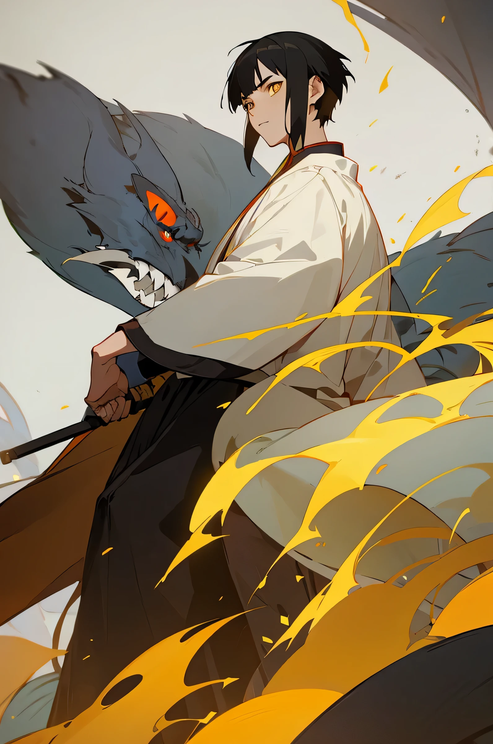 1male, Young Adult, Yellow Eyes, Black Hair, Short Hair, Chinese Village Background, Avatar The Last Airbender, Freedom Fighter Clothes, Dark White Robes, Sword on Back.