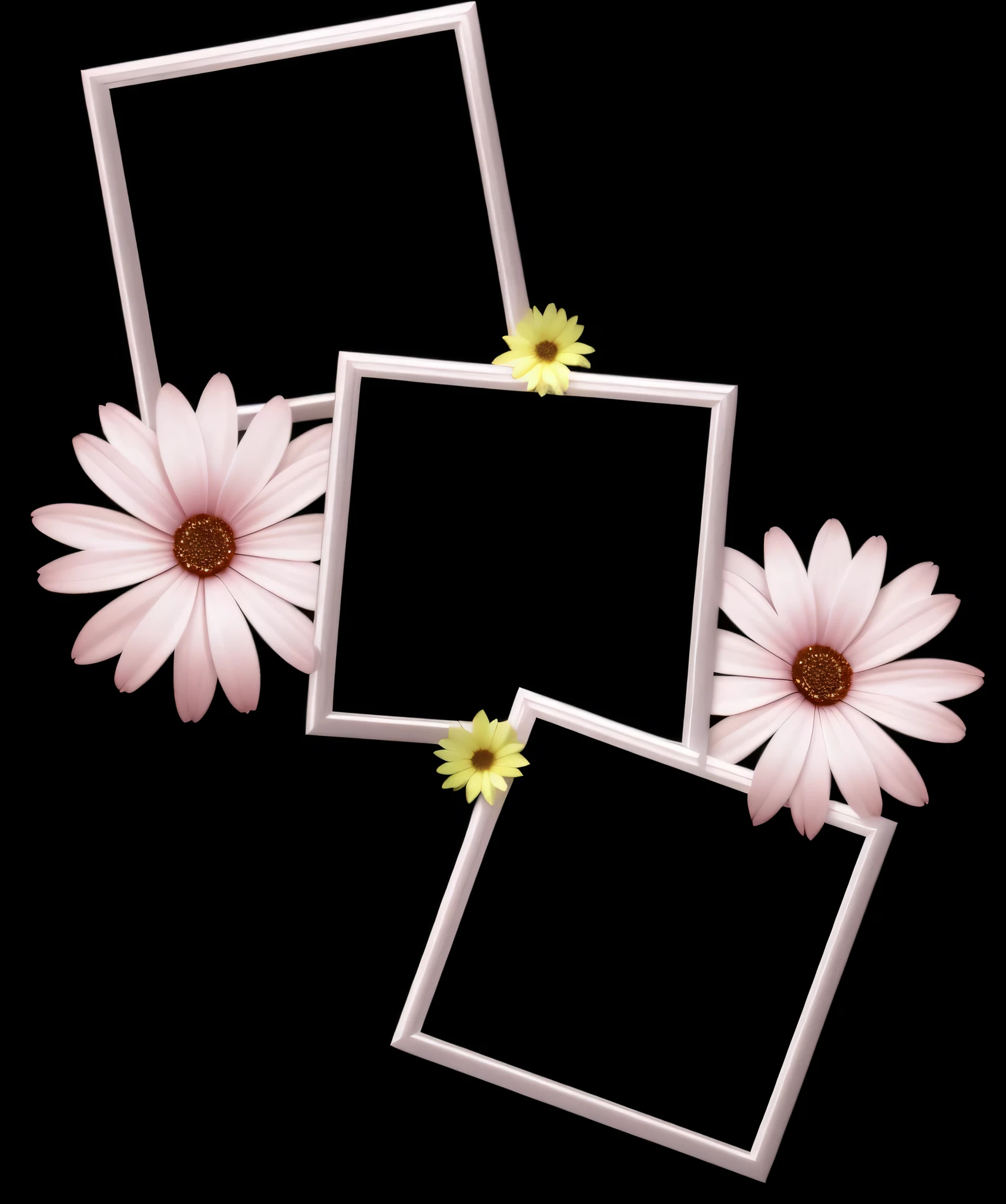 three frames with flowers on a black background, flower frame, beautiful frames, surrounded flower, flower background, flower, flowers background, picture frames, flowers in background, white frame border, with a black background, flower elements, colorized background, flowers and stems, square pictureframes, flower blossoms, pink flowers, white border frame, beautiful composition, layout frame, flowers