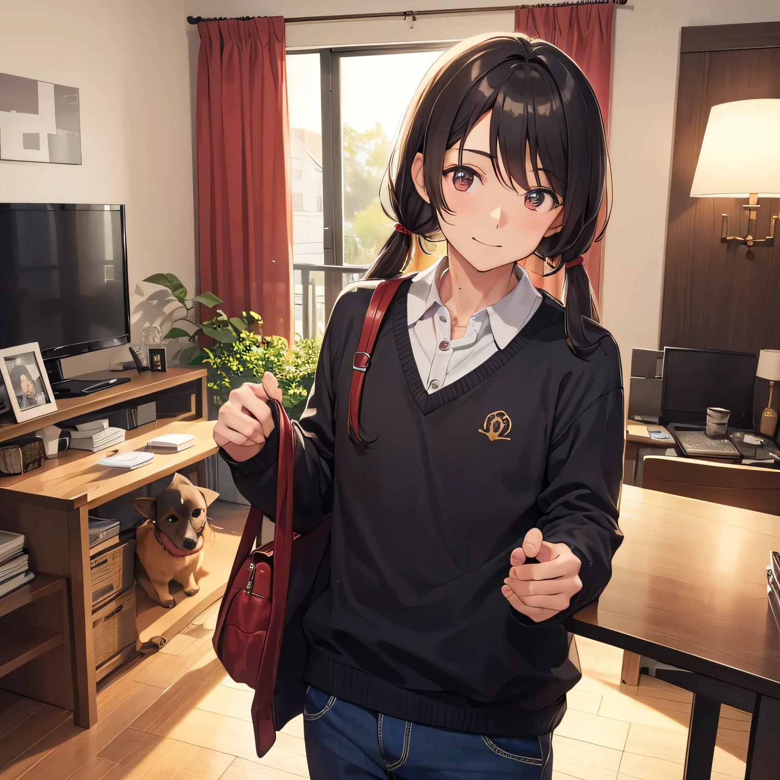 A photo of a man who loves miniature dachshunds looking at the camera, after that、I'I'm very happy