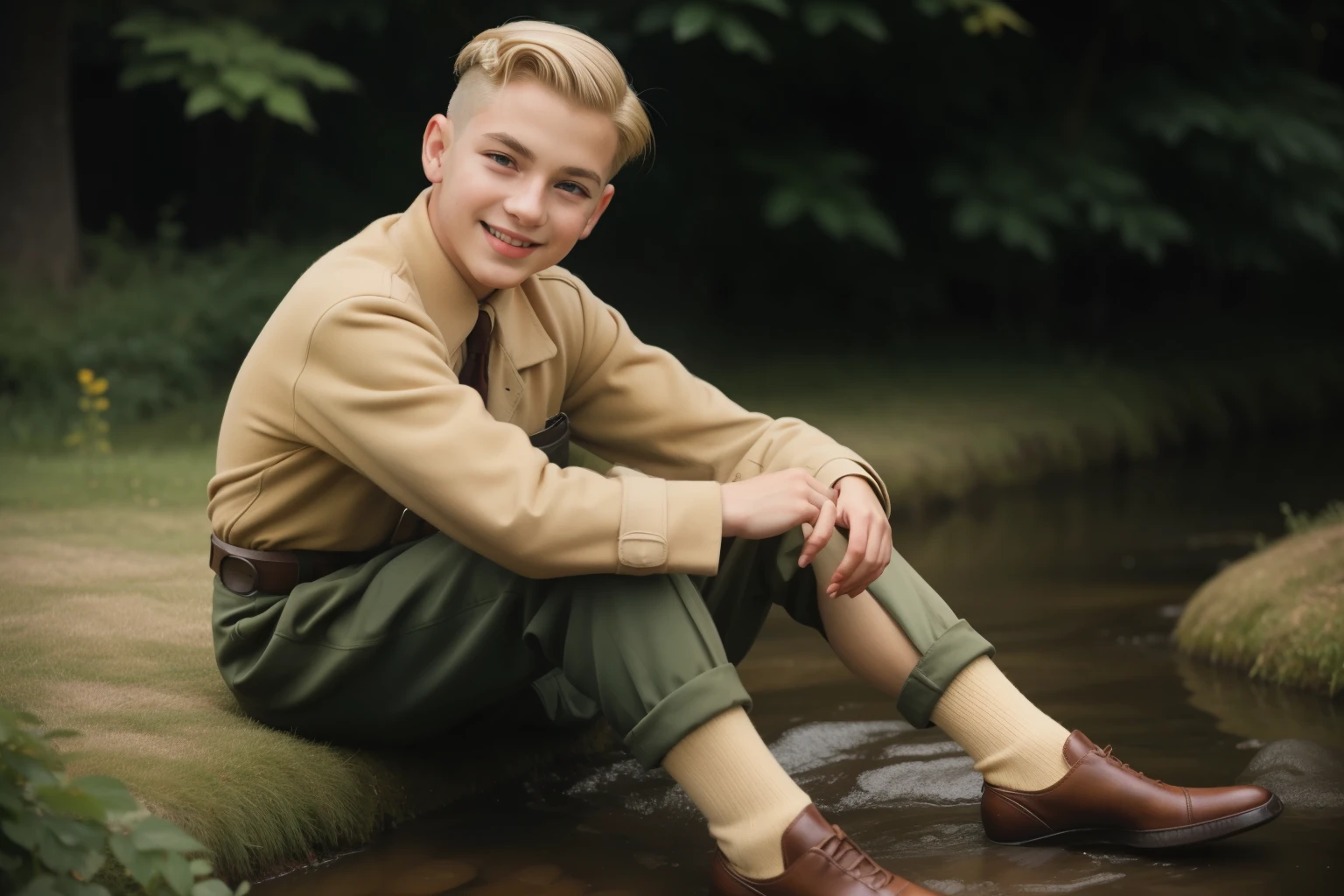 Molching, Germany, 1943. ((((15-year-old)) Rudy Steiner)), very thin boy, tall, athletic, bony legs, gangly eyes ((grumpy expression)). ((((clothings from the 1940s)))), ((light-blond hairstyle of the 1940s))