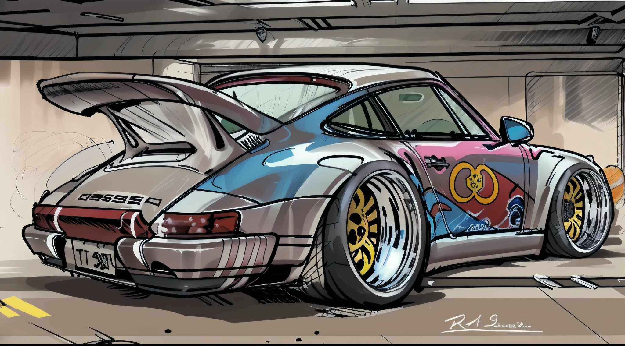 
Porsche 911 rwb, wide body, sketch, 
cartoonish, comic strip, Chip Foose car rendering, chrome wheels, bagged, slammed to the ground, style dessin manga, couleurcyberpunk art, gothic art