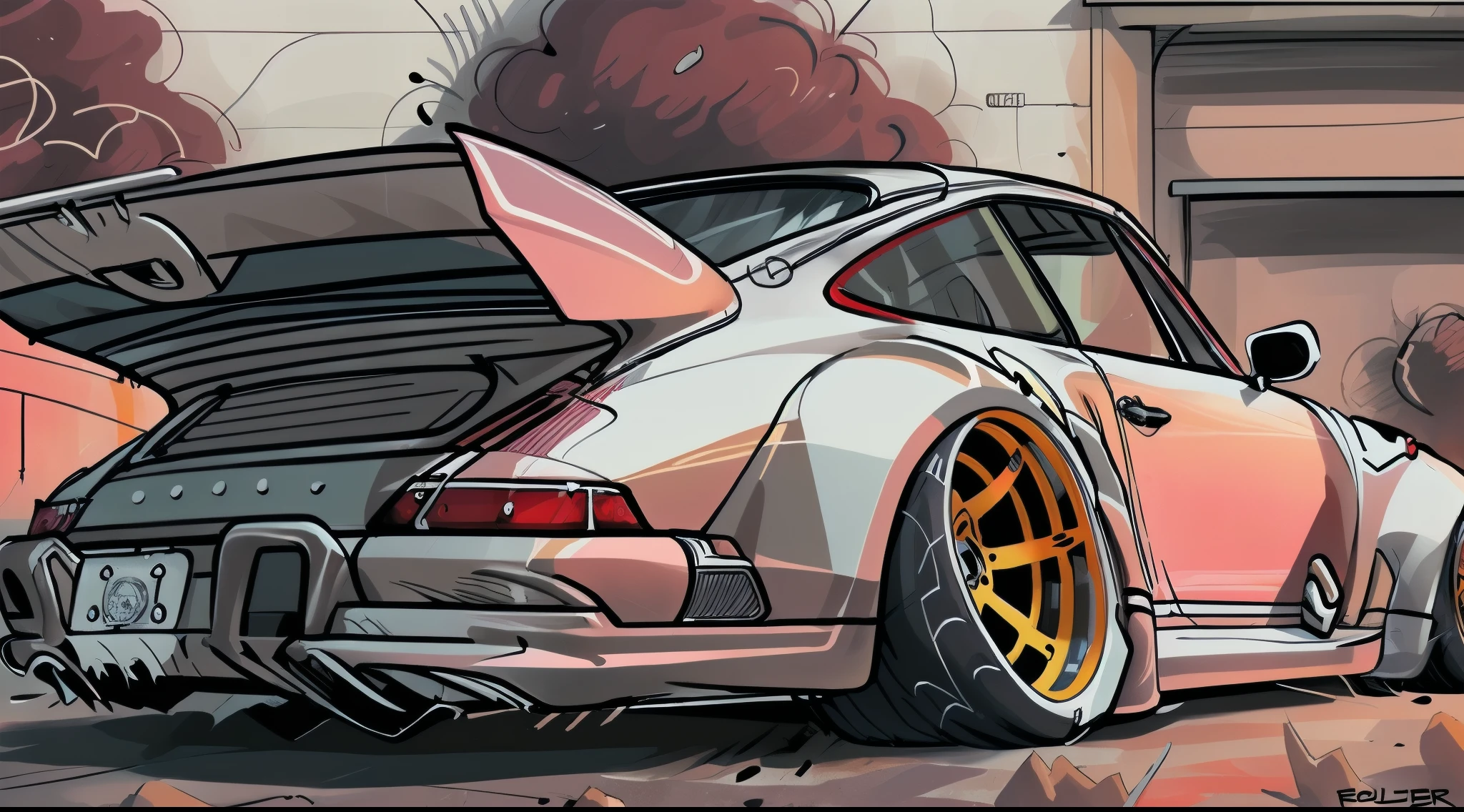 
Porsche 911 rwb, wide body, sketch, 
cartoonish, comic strip, Chip Foose car rendering, chrome wheels, bagged, slammed to the ground, style dessin manga, couleurcyberpunk art, gothic art