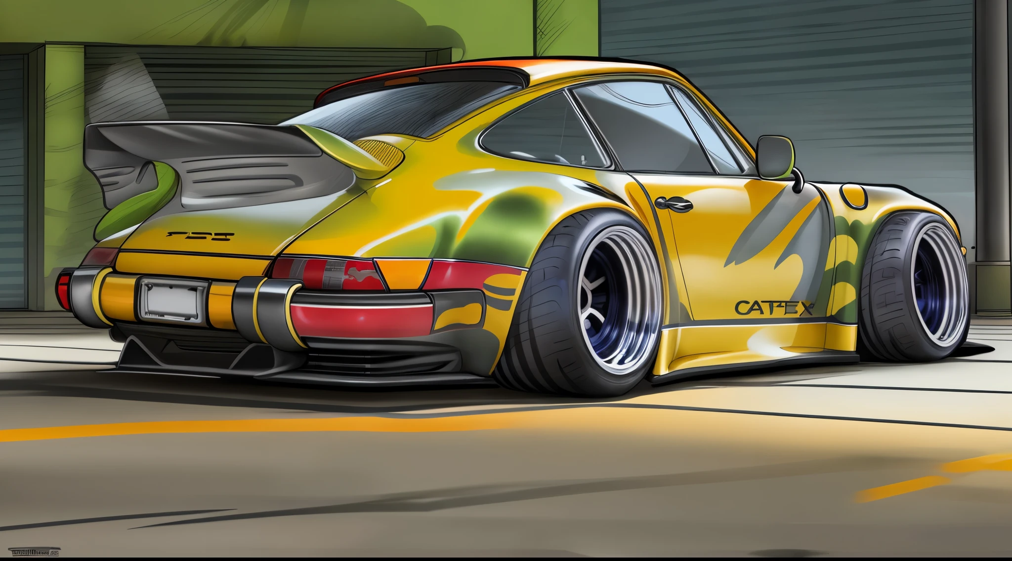 
Porsche 911 rwb, wide body, sketch, 
cartoonish, comic strip, Chip Foose car rendering, chrome wheels, bagged, slammed to the ground, empty parkinglot, style dessin manga, couleur