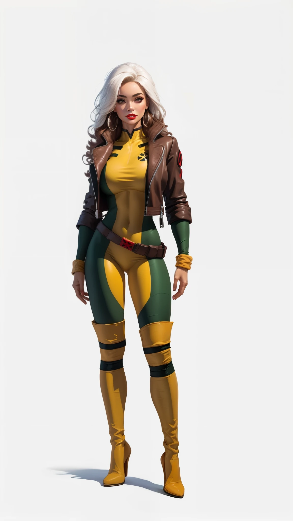 (curly hair), ((masterpiece)),(((best quality))),((character design)), ((rogue)), x-men superhero, (perfect anatomy), ((full body view))  mature face, (brown and white hair),((spandex:1.4)),  (((biker jacket))), defined cheekbones, high cheekbones, illustration, muscular, sexy bimbo, white hair bangs, ((detailed face:1.4)) ((official artwork)), clean lineart, beautiful woman, (Caucasian:1.4) (white skin:1.4) , (red lipstick:1.4), shiny skin, (puffy lips:1.4) , pose, 8k,16k, (simple background, white background: 1.3) ((cool color palette)), ((cyberpunk aesthetic))