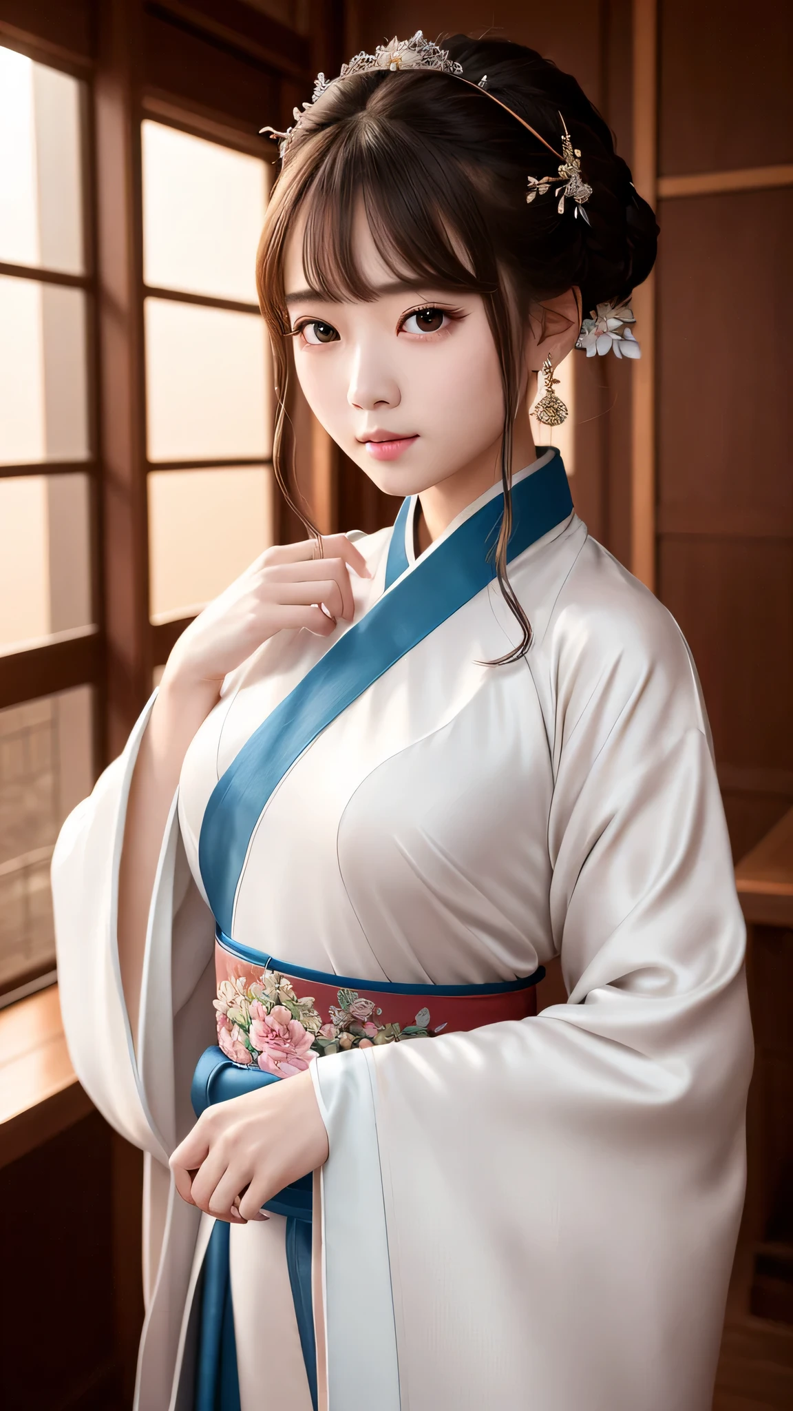 highest quality ,masterpiece, shape, very delicate and beautiful, very detailed ,CG ,unity ,8k wallpaper, wonderful, finely, masterpiece,highest quality,official art,very detailed CG unity 8k wallpaper,confused, incredibly confused, huge file size , Super detailed, High resolution, very detailed,beautiful detailed girl, very detailed eyes and face, finelyて美しい目,light shines on your face,(Hanfu:1.1),1 girl