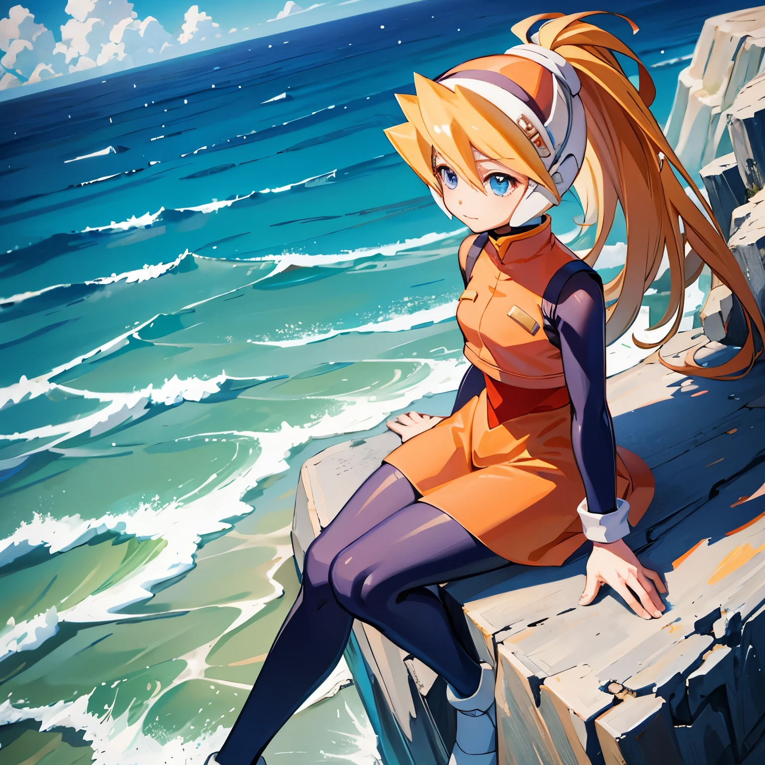 ciel_megamanz, 1girl, solo, long hair, blue eyes, blonde hair, ponytail, headgear, masterpiece, high quality, overlooking the ocean on the edge of a rock, in the style of avian-themed, realistic yet stylized, villagecore, azure, orange and azure, dragoncore, aerial view