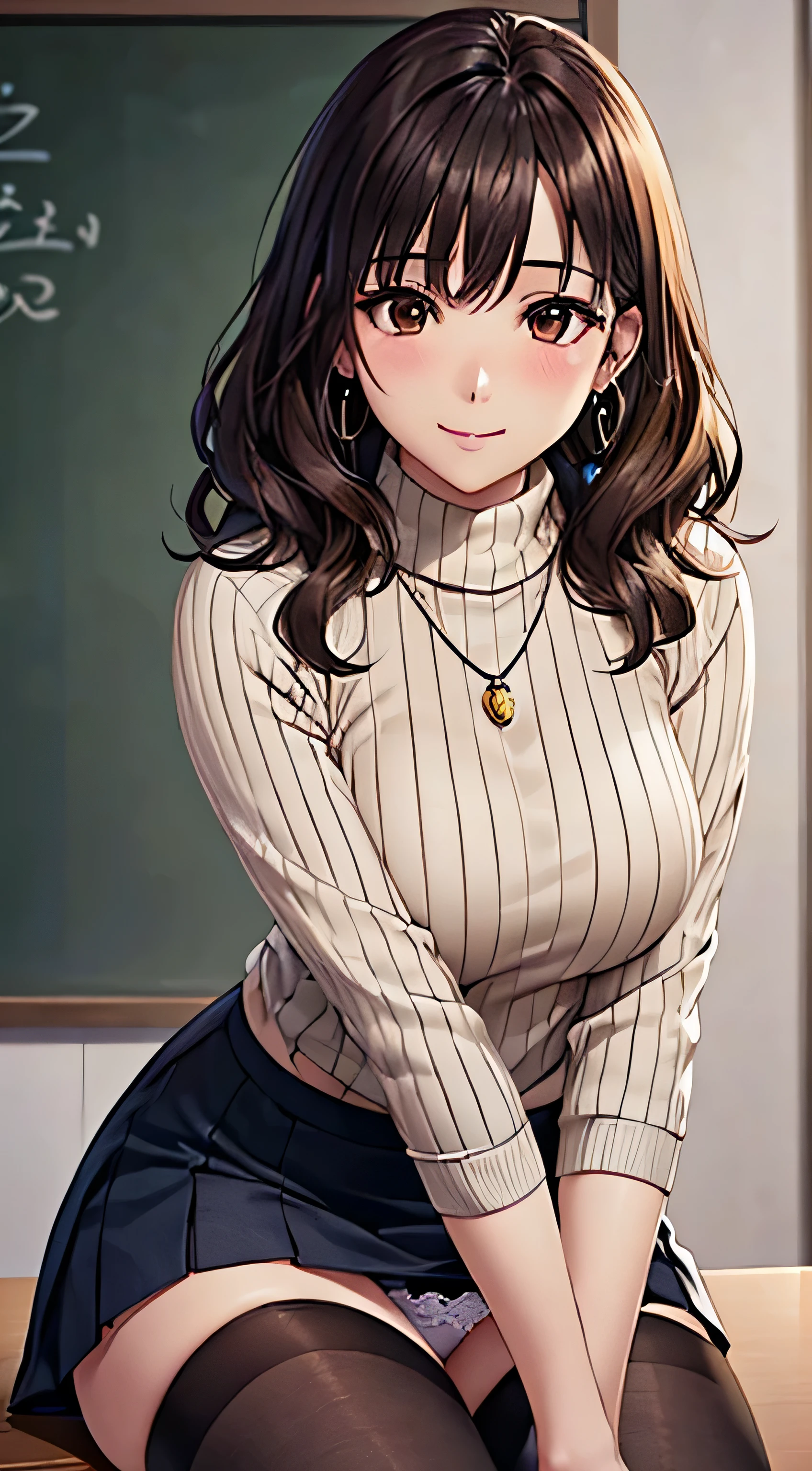 (table top, highest quality, High resolution, , perfect pixel, 4k,), 1 girl, single, alone, Beautiful woman、I could see the whole body、 ((Wavy mid-hair, bangs, brown hair)), ((brown eyes, beautiful eyelashes, realistic eyes)), ((detailed face, blush:1.2)), ((smooth texture:0.75, realistic texture:0.65, realistic:1.1, Anime CG style)), medium breasts, dynamic angle, perfect body, ((, female teacher, , earrings、necklace、turtleneck sweater、Dark blue flared skirt、black knee high stockings、、、shy smile)), 、、、evening、、Bring your arms together to emphasize your chest、leaning forward、(、showing white lace panties、angle from below)、
