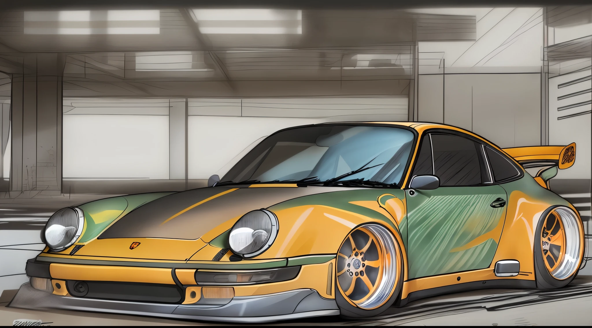 Porsche 911 rwb, wide body, sketch,
cartoonish, comic strip, Chip Foose car rendering, chrome wheels, bagged, slammed to the ground, empty parkinglot, style dessin manga, couleur