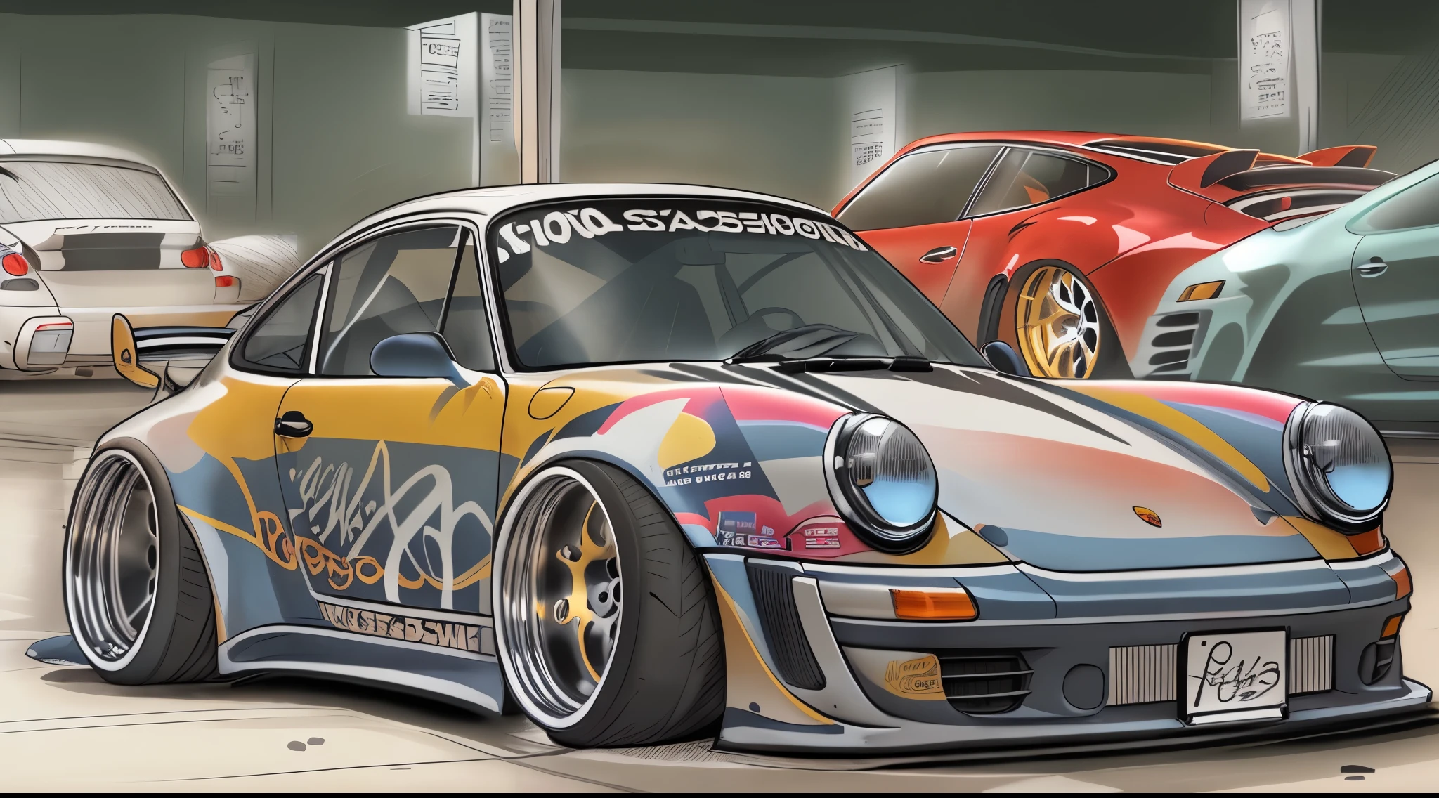 
Porsche 911 rwb, wide body, sketch, 
cartoonish, comic strip, Chip Foose car rendering, chrome wheels, bagged, slammed to the ground, empty parkinglot, style dessin manga, couleur