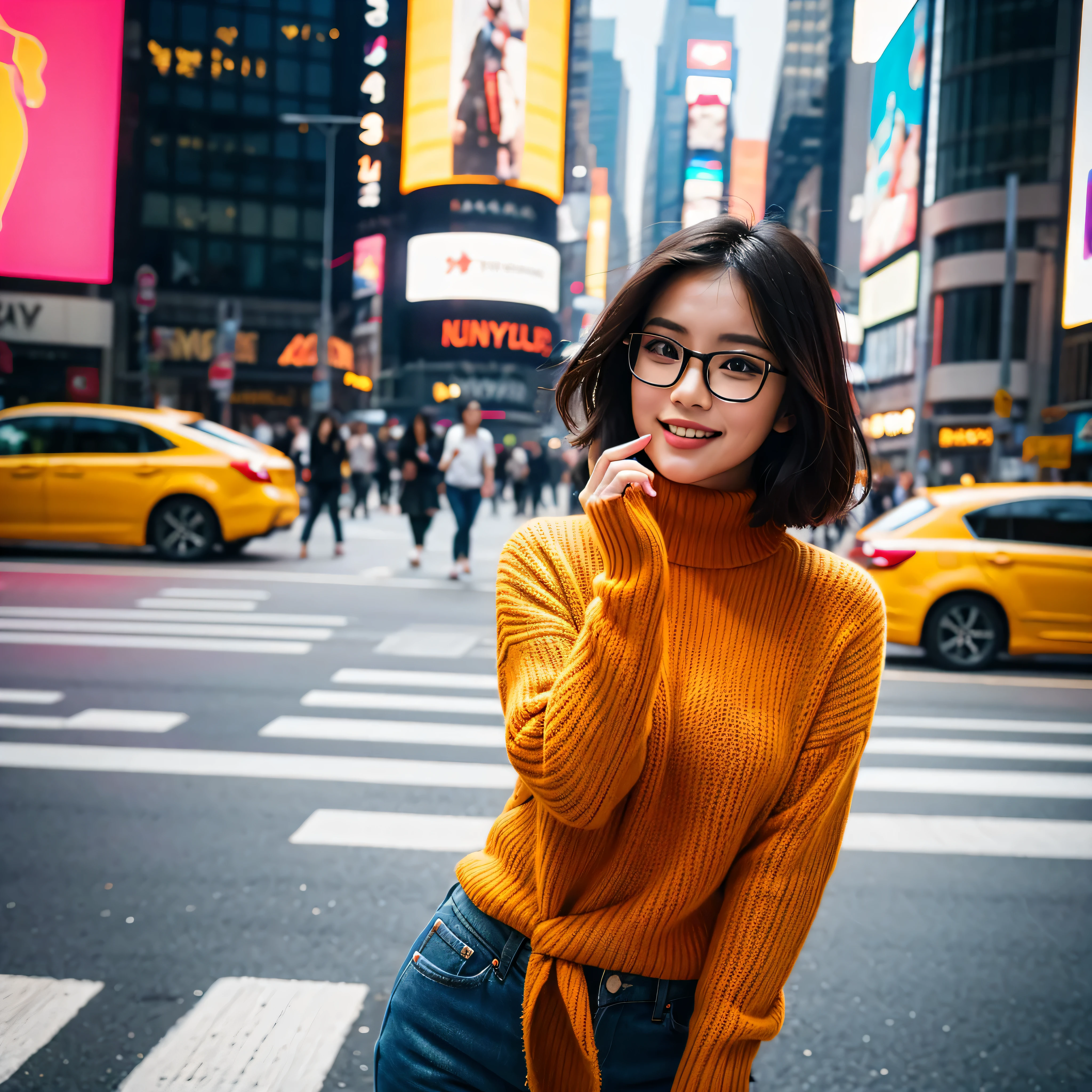 TYPE : Beauty Photography
THEME : fashion style
RACE : Indonesian, young
PERSON 1 : Early 20s, woman
SCENE : outdoor , afternoon , a woman standing across the time square new york, creating an beauty atmosphere , wind blowing effect, beautiful and cute expression , cute pose .smile at camera
PROPS: : complete decoration of time square new york , wearing stylist bright orange long turtleneck sweater , wind blow , short hair, glasses
CAMERA : photographed using an Canon eos 90d DSLR camera with 18-135mm lens , detail skin texture , detailed face , close up , low exposure
ANGLE : High Dynamic Range (HDR) shot
inspiration byousoku 5 cm