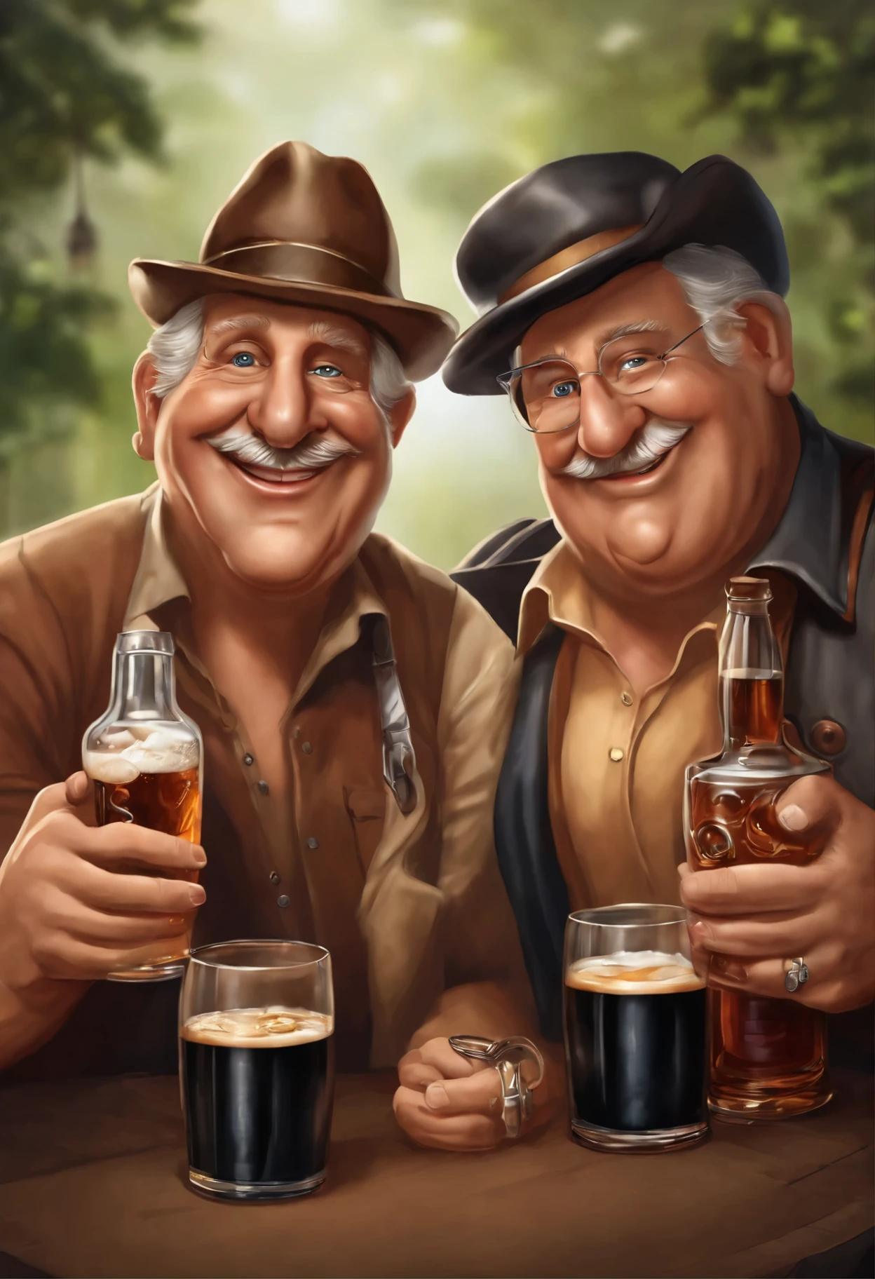 Dois amigos visivelmente embriagados com o corpo totalmente completo , They hold an entire bottle of whiskey and a glass of draft beer each. Faces are contorted into comical expressions, with bulging eyes and tongue sticking out,, estilo de desenho e com um toque caricatural, 8k