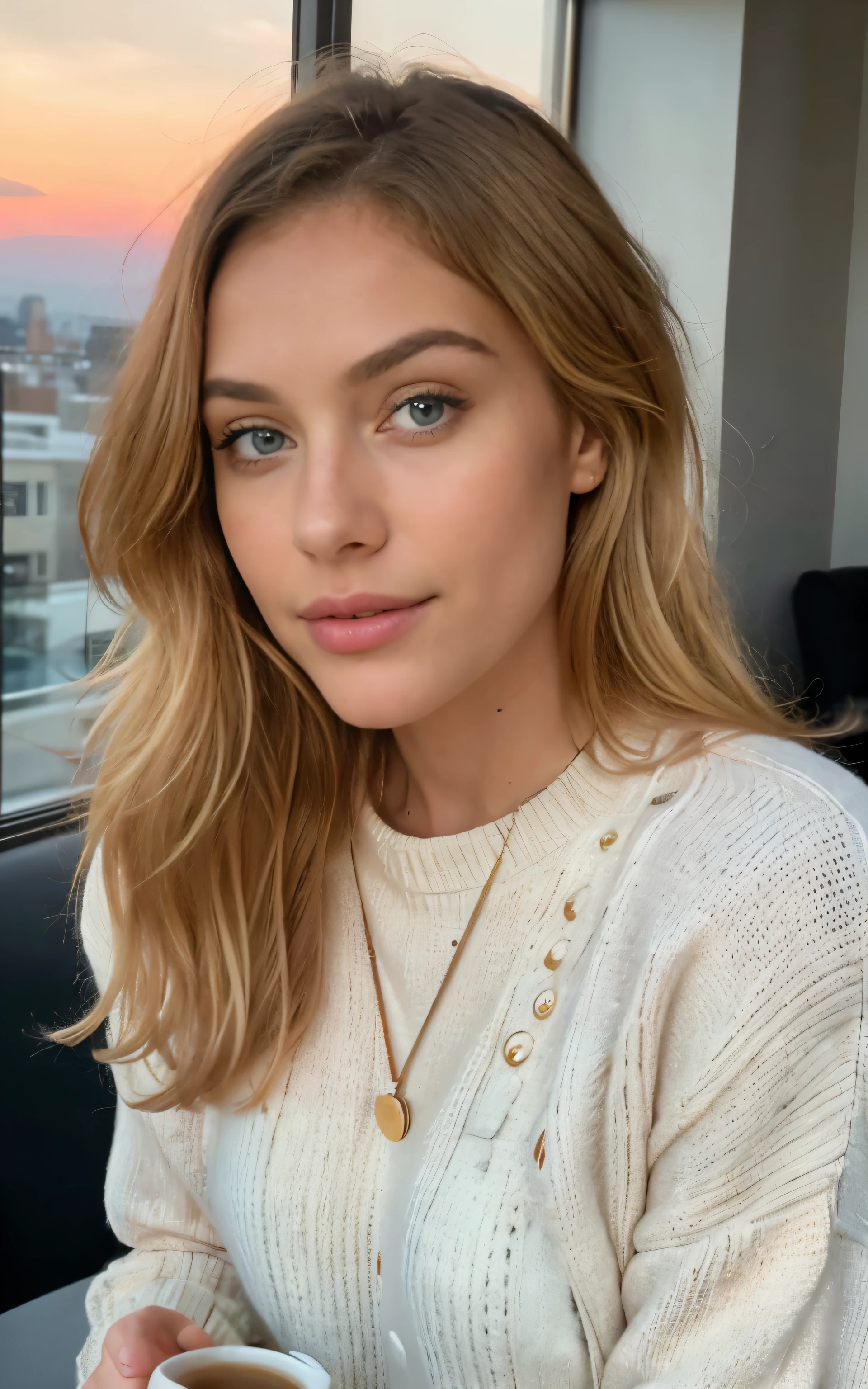 Beautiful blonde wearing pink sweater (Drinking coffee in a modern cafe at sunset), Very detailed, 21 years old, innocent face, natural curly hair, blue eyes, high resolution, masterpiece, best quality, intricate details, Very detailed, sharp focus, Delicate skin, actual skin texture, texture, delicate eyes, professional, 4K, charming smile, Canon shooting, 85mm, shallow view deep, Kodak Vision Color, perfect fit body, Very detailed, photo_\(extremist\), photoactual, actual, post processing, Maximum details, Roughness, real life, extremist actual, photorealism, photography, 8k ultra high definition, photography