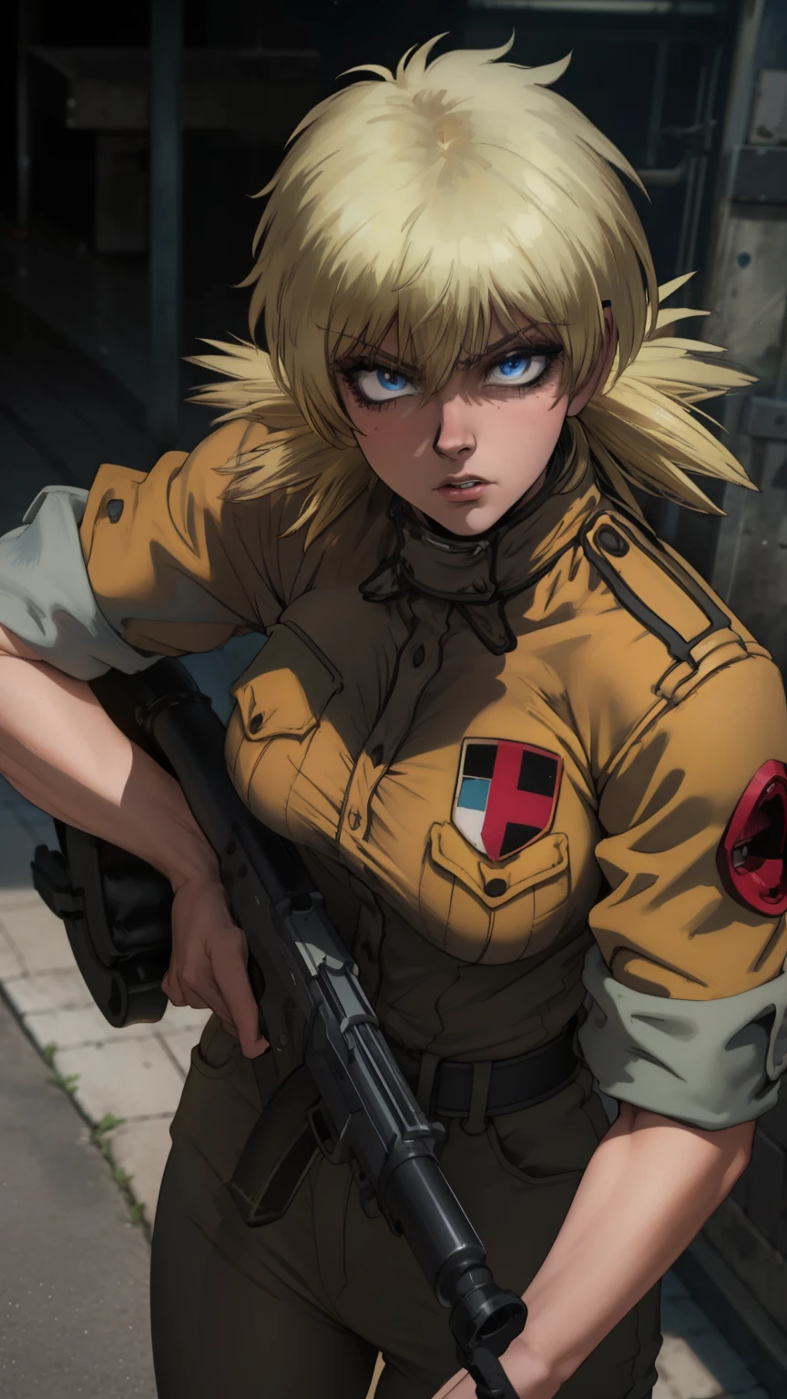 (best quality,4k,8k,highres,masterpiece:1.2),ultra-detailed,extremely detailed girl,beautiful detailed eyes,beautiful detailed lips,longeyelashes,leather jacket and pants,angry expression,holding a gun,black and white photography,low-key lighting,dark and gritty,urban setting,fierce attitude,action-packed scene,Vivid colors,intense shadows,sharp focus, seras, seras victoria, closeup, face closeup, frustrated expression 