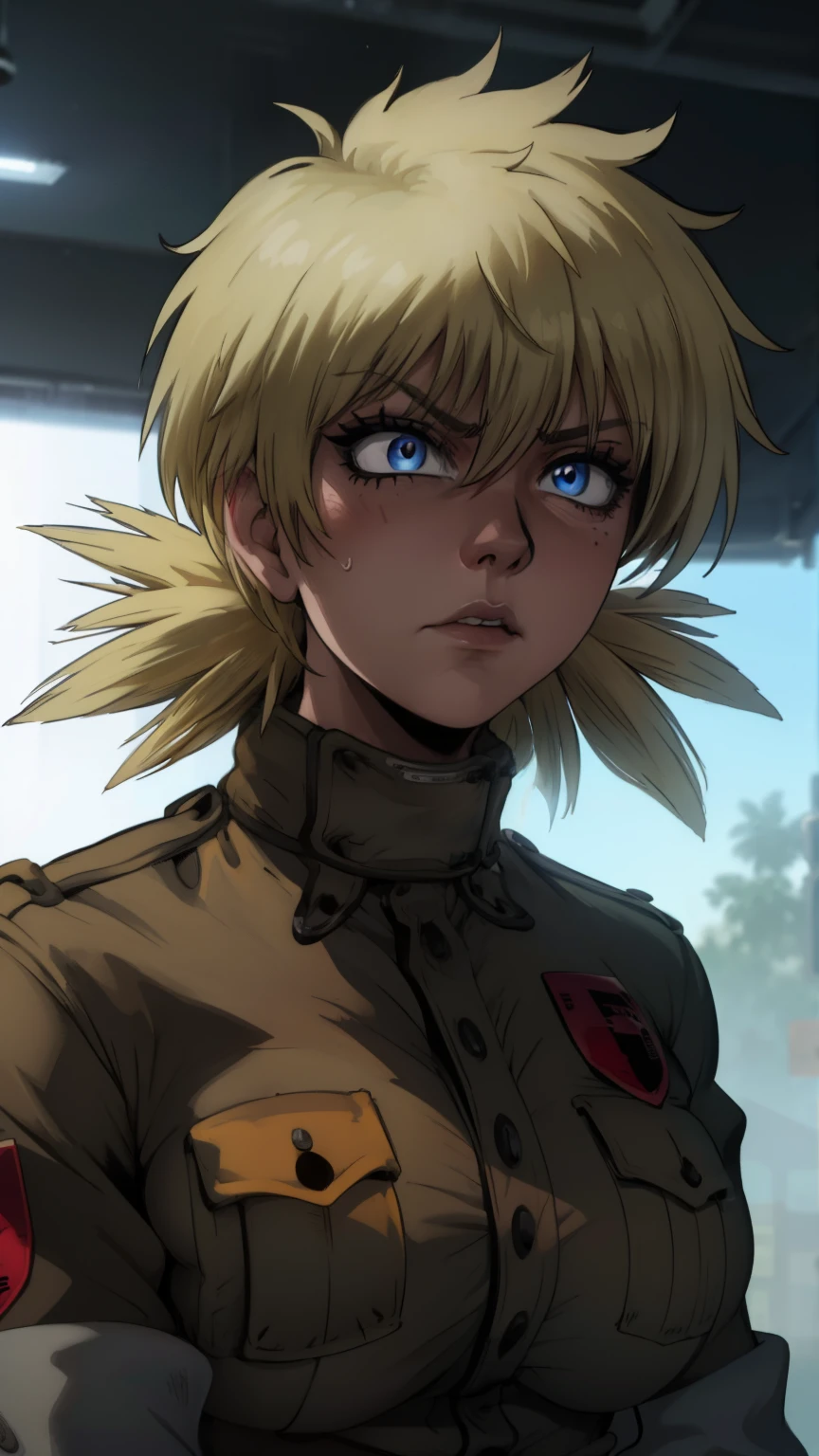 (best quality,4k,8k,highres,masterpiece:1.2),ultra-detailed,extremely detailed girl,beautiful detailed eyes,beautiful detailed lips,longeyelashes,leather jacket and pants,angry expression,holding a gun,black and white photography,low-key lighting,dark and gritty,urban setting,fierce attitude,action-packed scene,Vivid colors,intense shadows,sharp focus, seras, seras victoria, closeup, face closeup, frustrated expression
