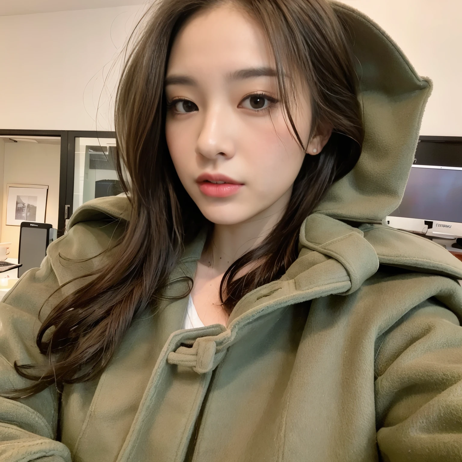 (((1girl)))((best qualtiy, 8K, tmasterpiece:1.3)),((Sharp:1.2, perfect figure beautiful woman:1.4, Slim abs:1.2)), ((Layered Hair Style, huge :1.3)),((Highly detailed facial and skin texture，A detailed eye，Black eye,double eyelid)),(japan girl:1.5)(Brown Hair)(Duffle Coat:1.8),(japan park:1.3)