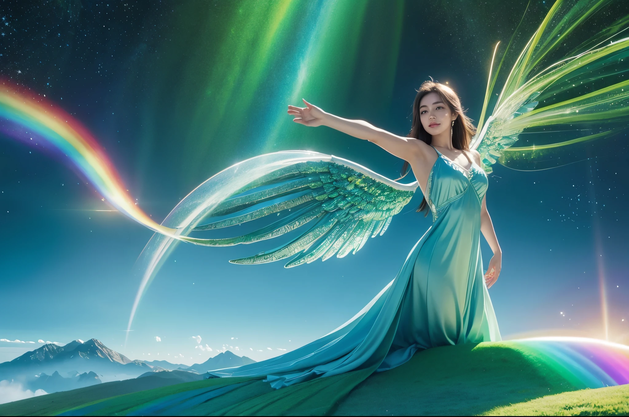 law of attraction, universe, blue sky, green hill, glittering, angel, wings, happiness, rainbow aura, photorealistic, super detailed,