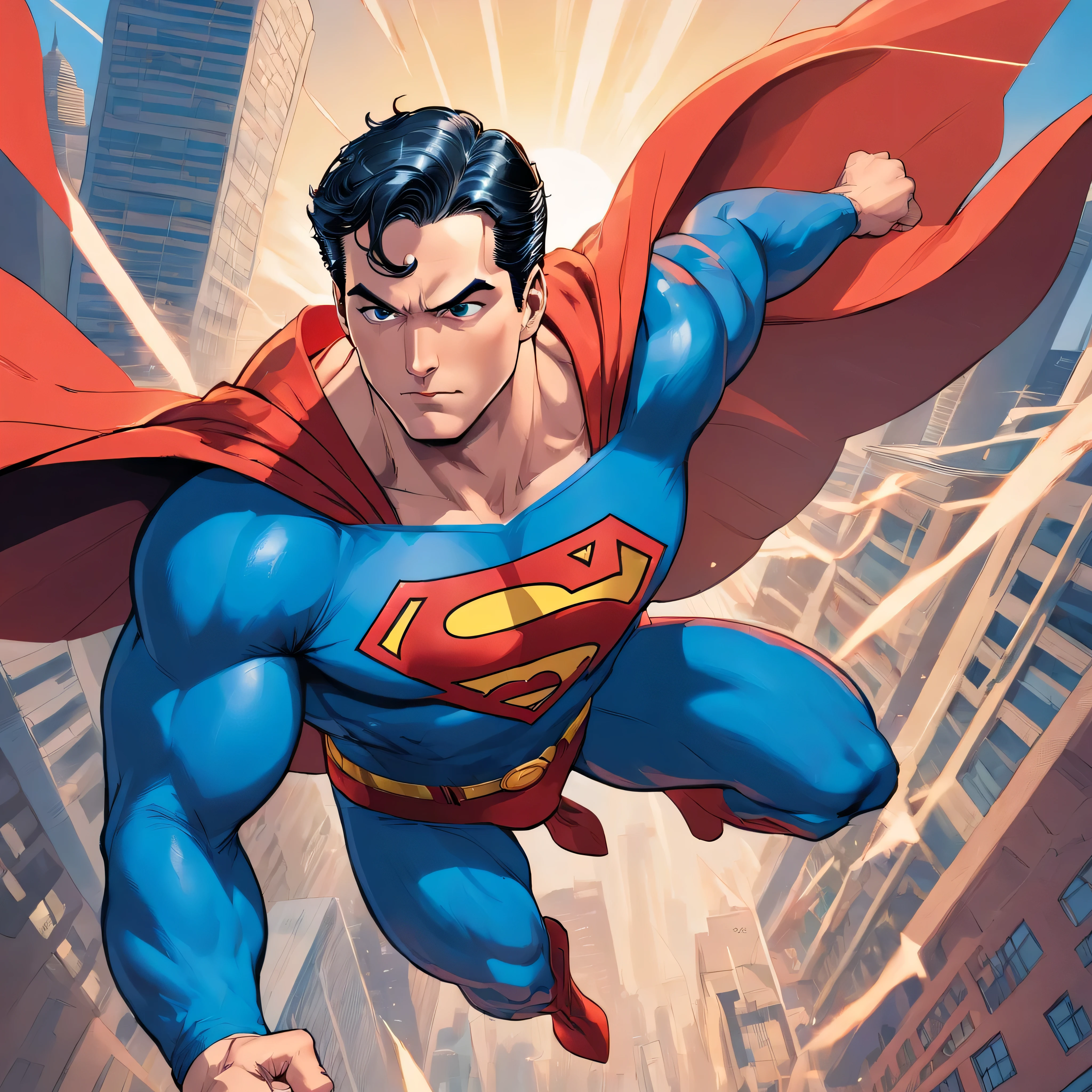 one muscle, Powerful Superman fighting Doomsday in a dynamic flying pose, with a confident and determined expression on his face. His iconic red and blue superhero costume is highly detailed, mostrando as texturas e contornos do tecido. As cores vibrantes do traje, including the bright red cloak that flows behind him, Crie um impacto visual impressionante. The symbol of the House of Him, the iconic Superman emblem, is prominently displayed on his chest.

The work has a medium of comic book illustration, capturing the essence of the beloved DC Comics character. The lines and shading are crisp and clean, giving the image a dynamic and energetic feel. It combines elements of traditional hand-drawn artworks with digital coloring techniques, resulting in a visually stunning piece.

Enquanto Superman assume o centro do palco, the background features the iconic skyline of Metropolis with its towering skyscrapers, todos banhados pela luz quente do sol. The buildings are highly detailed, featuring a blend of contemporary architecture and the classic art deco style that is synonymous with the world of Superman.

The lighting in the artwork is dramatic, with sunlight casting strong shadows on Superman's muscular physique, emphasizing their strength and power. Using highlights and shadows adds depth and dimension to the image, Bringing it to life.

The color palette of the work is rich and vibrant, with bold primary colors dominating the scene. O vermelho e o azul do traje do Superman se destacam contra os tons quentes da paisagem urbana, criando um contraste visualmente cativante.

Geral, This work is of the best quality, with ultra-detailed, realistic rendering. Every muscle and line in Superman's body is meticulously portrayed, highlighting his physical prowess and superhero status. Attention to detail creates a sense of realism, fazendo com que o espectador se sinta como se estivesse testemunhando o voo do Superman pessoalmente.

This prompt is suitable for