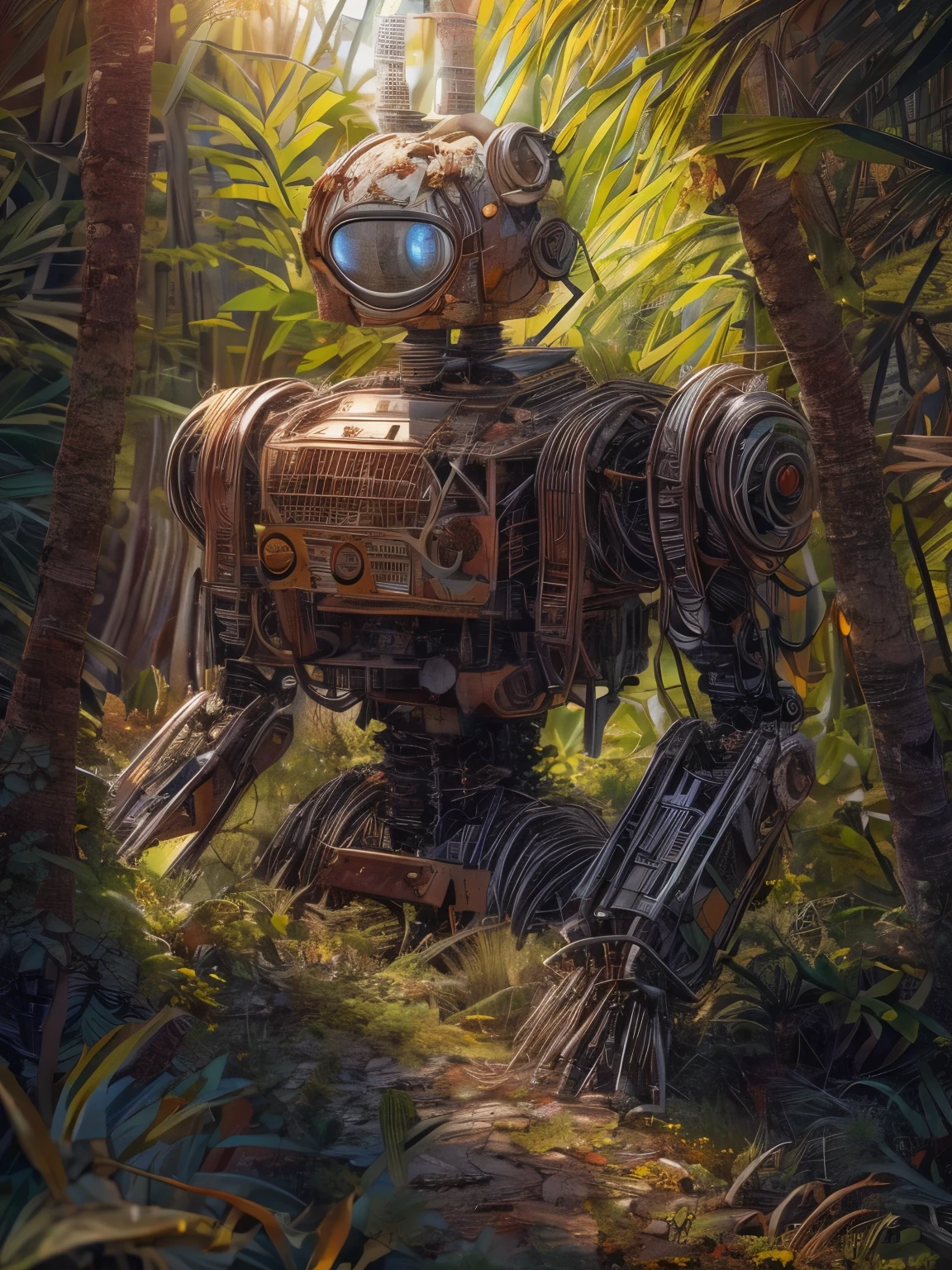 (La best quality,high resolution,super detailed,actual),dilapidated abandoned robot，in the forest，covered with plants，The sun shines on the robot（ （（sunrise））），light warm（ （（A masterpiece full of sunshine elements）））， （（best quality））， （（intricate details））（8k）