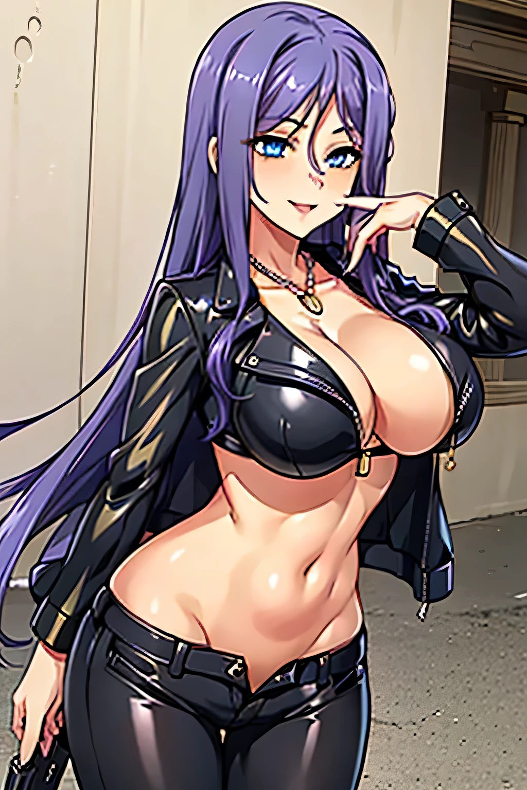 jewelry,gem, necklace, 
blue eyes, purple hair,long hair,Bangs,
1 girl, 20yo,Young female,Beautiful Finger,Beautiful long legs,Beautiful body,
Beautiful Nose,Beautiful character design, perfect eyes, perfect face,expressive eyes,perfect balance,
masterpiece, best quality, highly detailed, a girls with a gun, evil smile , open mouth, sexy gaze, badass
pose , evil smile, smile, (nsfw) not safe for work, guns blazing, anime girl with long hair, beautiful long
haired girl, navel, evil expression, exposed belly, exposed navel, exposed midriff, exposed lower belly,
long black pants, crop top, cleavage, unbuttoned leather pants ,open fly, low rise black leather pants,
leather jacket, holding a gun, outdoor,street,road, 