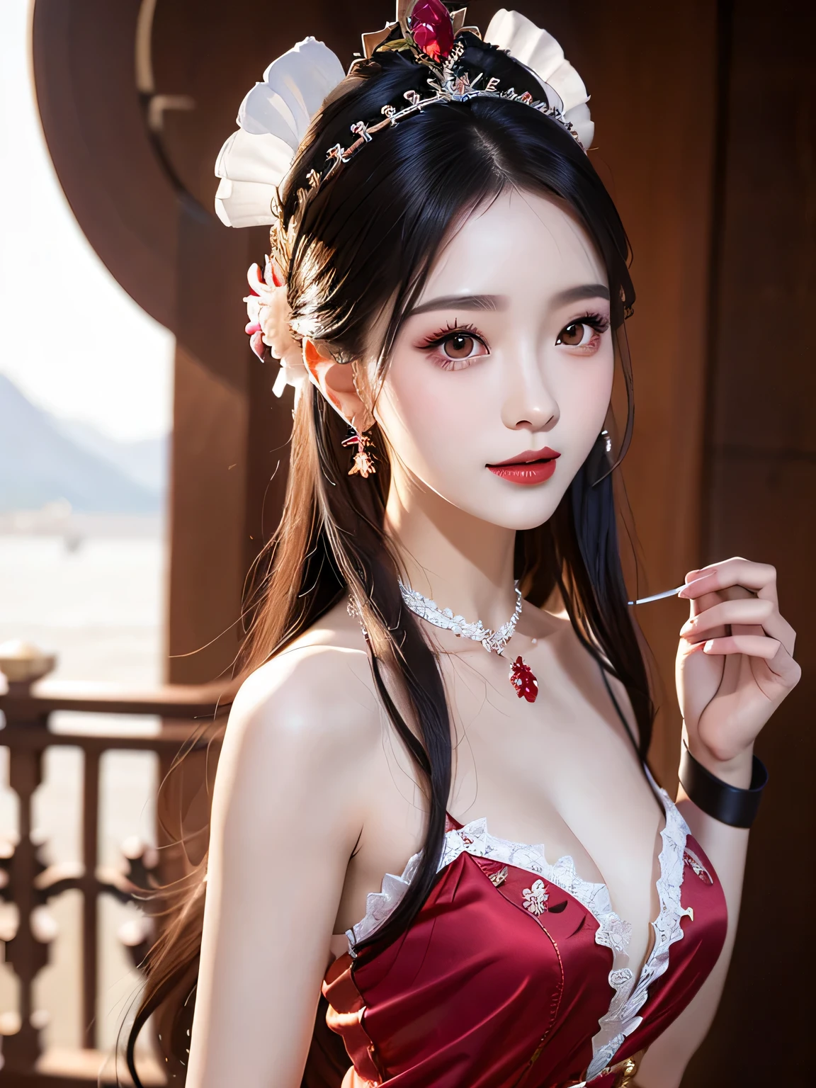 1 The young queen wears a red lace top, deep breasted pajamas, Chinese clothing, Ancient costume with phoenix pattern, Flawless white and pink face, the crown on her head, Black hair length and hip length, very beautiful and piercing brown eyes, Little red lips, Paint lips, charming smile, jewelry worn around the neck, earrings, Teeth white and even, high nose, big round breasts, lengthen legs, Thin mesh black socks, portrait, most realistic, best quality, best pixels, 8k ultra,
