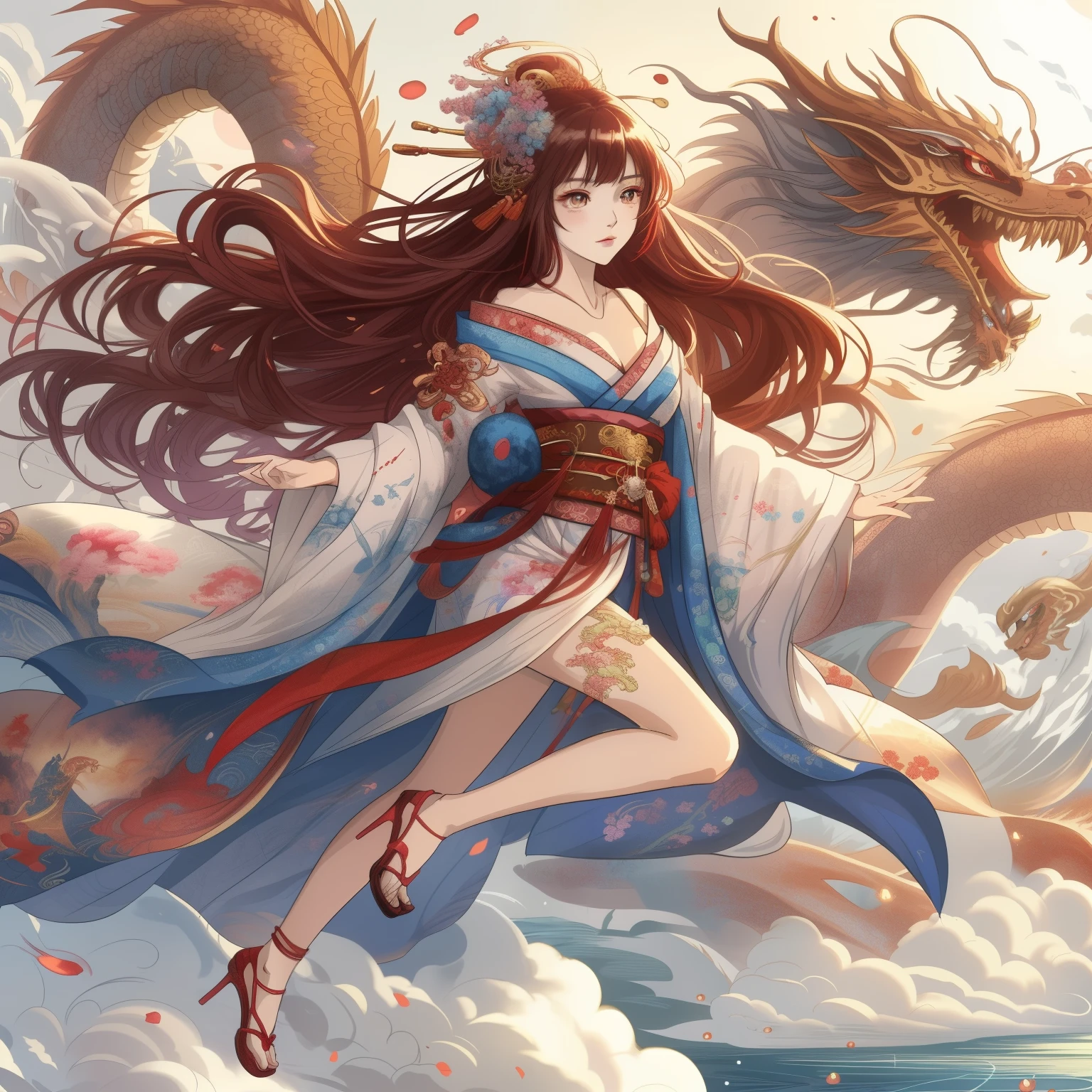 A woman in a kimono is flying over a dragon, Anime fantasy artwork, anime style 4k, Chinese fantasy, Anime Fantasy Illustration, Beautiful charming anime woman, anime art wallpaper 8k, Beautiful fantasy anime, anime art wallpaper 4k, Anime Art Wallpaper 4k, Beautiful anime woman, anime goddess, beautiful anime girl, HD anime art, beautiful fantasy queen