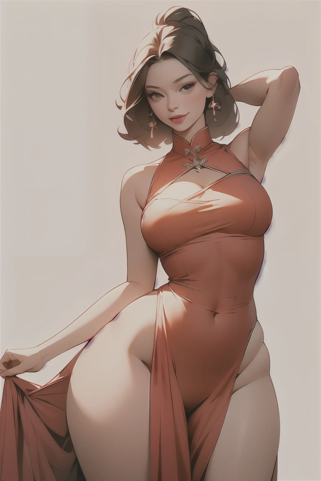 female with seductive pose, short ginger hair , curvy body, with wide hips and a narrow waistline. The curves of her body are highlighted in subtle shades . hands behind her head, A stunning digital illustration, Chinese red dress, empty background