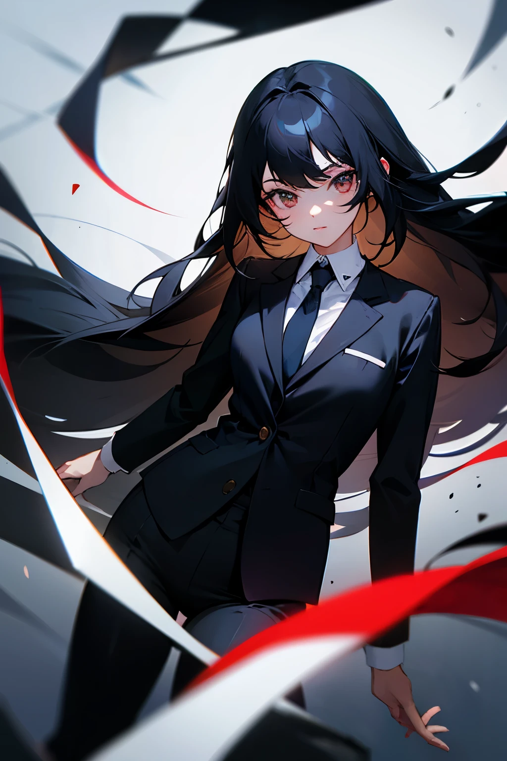 1 girl, long black hair, White eyes, wearing a business suit, High resolution, super sharp, 8k, masterpiece, looking at the viewer, disorganized