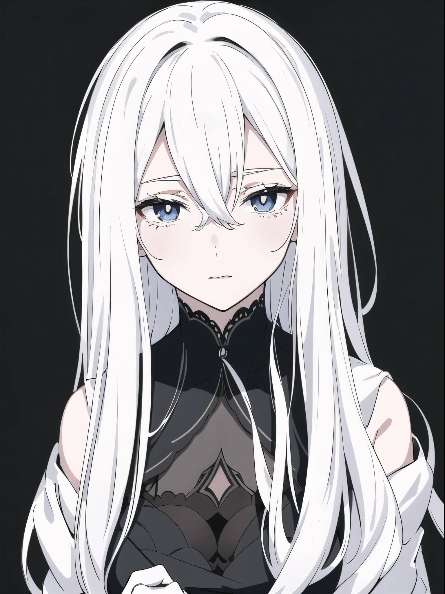 ((White hair)),((Head and Shoulders Image)),Sexy,A person,Alone,Simple style,pancake ,Simple details,Black background,Empty background,Black background wall,(20 year old woman),(Droopy hair),(White Gloves),(Evening Gown),(Lace Shirt),Lace,(confidence)