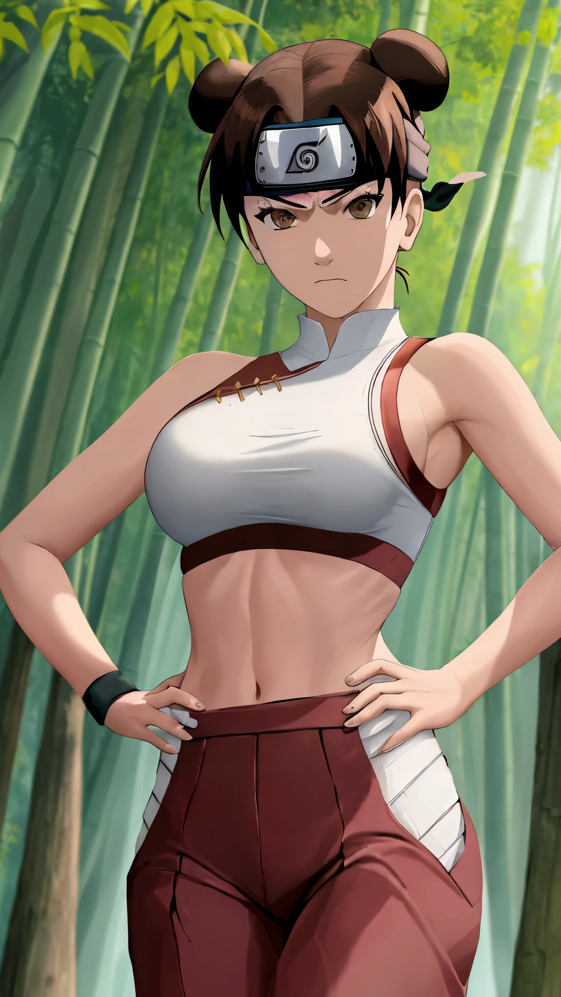 masterpiece, absurdres , (intricate details), (colorful),cinematic lighting,bust shot,extremely detailed CG unity 8k wallpaper,tenten\(shippuden\), 1girl, solo, white red sports bra, medium breasts, hand on hip,forehead protector, konohagakure symbol, headband,  looking at viewer, outdoors, bamboo forest,  frown, (busty), ((large breasts)), (slim waist)