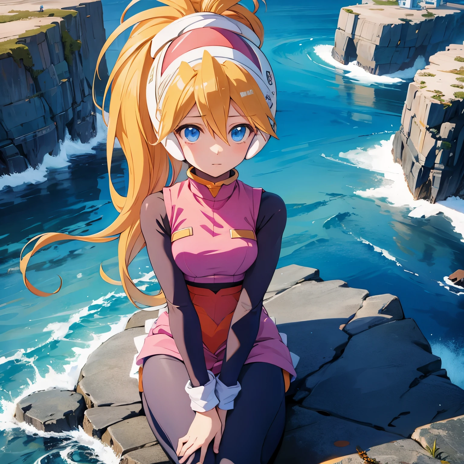 ciel_megamanz, 1girl, solo, long hair, blue eyes, blonde hair, ponytail, headgear, masterpiece, high quality, overlooking the ocean on the edge of a rock, in the style of avian-themed, realistic yet stylized, villagecore, azure, orange and azure, dragoncore, aerial view