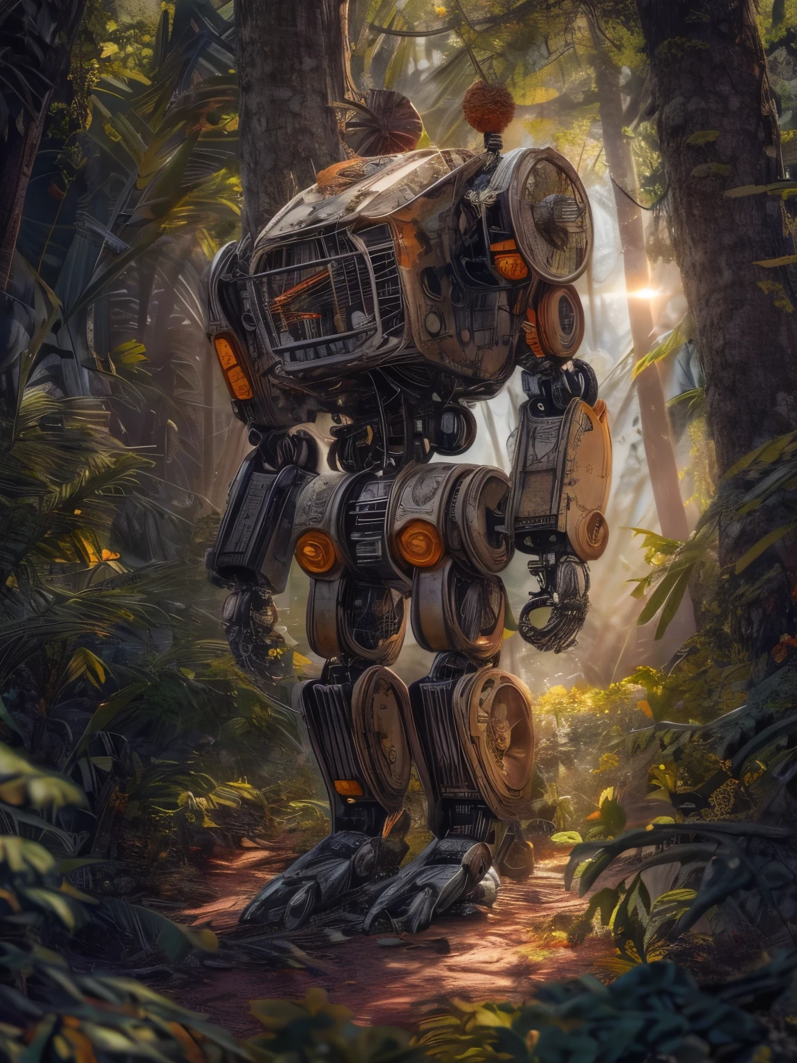 (La best quality,high resolution,super detailed,actual),dilapidated abandoned robot，in the forest，covered with plants，The sun shines on the robot（ （（Sunset））），light warm（ （（A masterpiece full of sunshine elements）））， （（best quality））， （（intricate details））（8k）