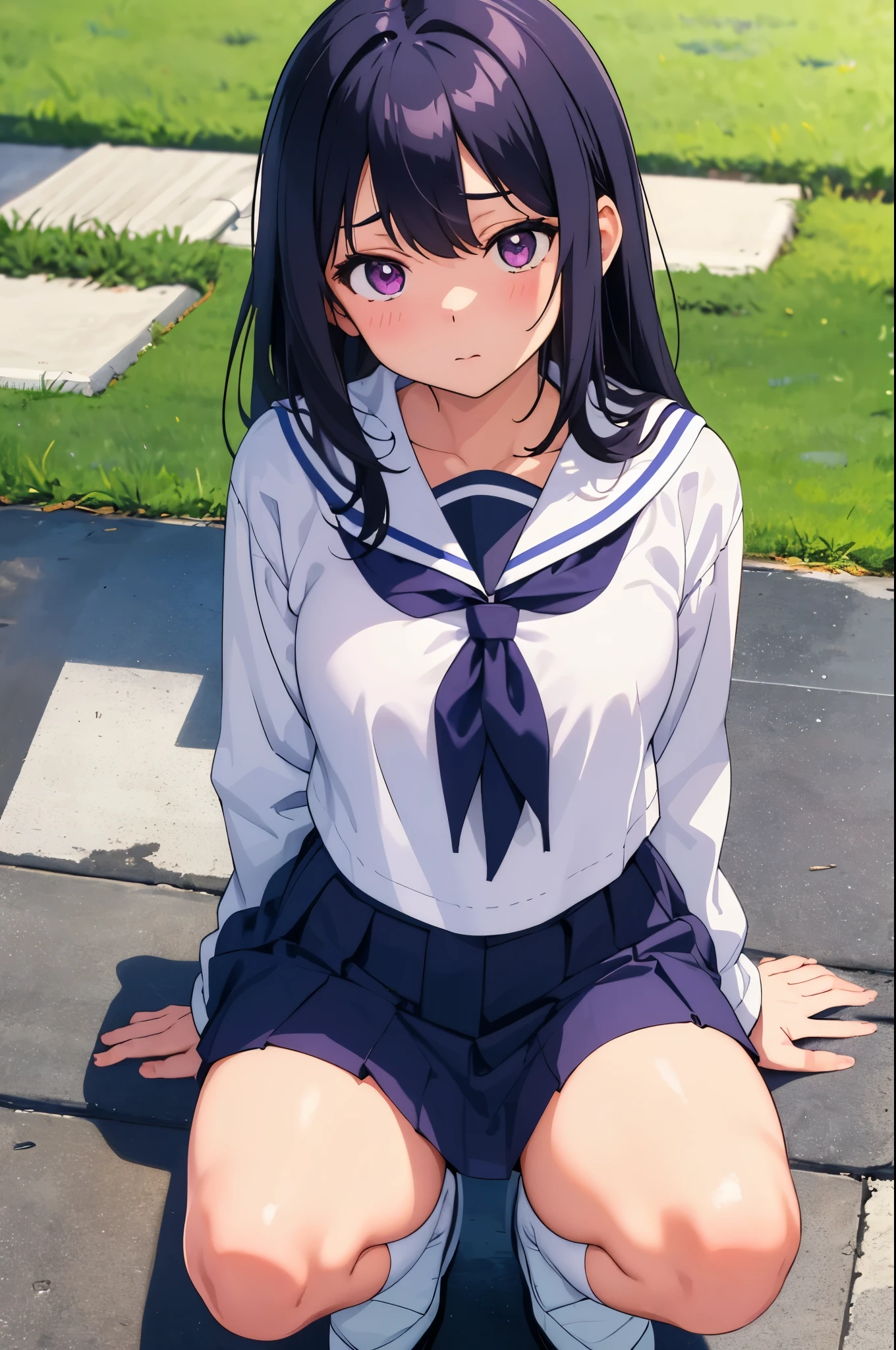 riverbed lawn elementary school girl 8-year-old flat chest black hair long hair eyes are purple ((1 person)) White upper body long sleeve sailor uniform Lower body navy blue miniskirt white panties white socks sports boots Squatting on the lawn look up spread your legs a little((I can see white panties)) from the front dynamic angle Low - Angle