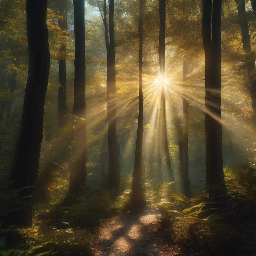 Tyndall Effect, aesthetic, extremely detailed, Sunlight streaming through the forest canopy, rays of light ter revealing the Tyndall effect, dramatic lighting, detailed trees and leaves, atmospheric perspective, depth of field, 4k highly detailed digital painting