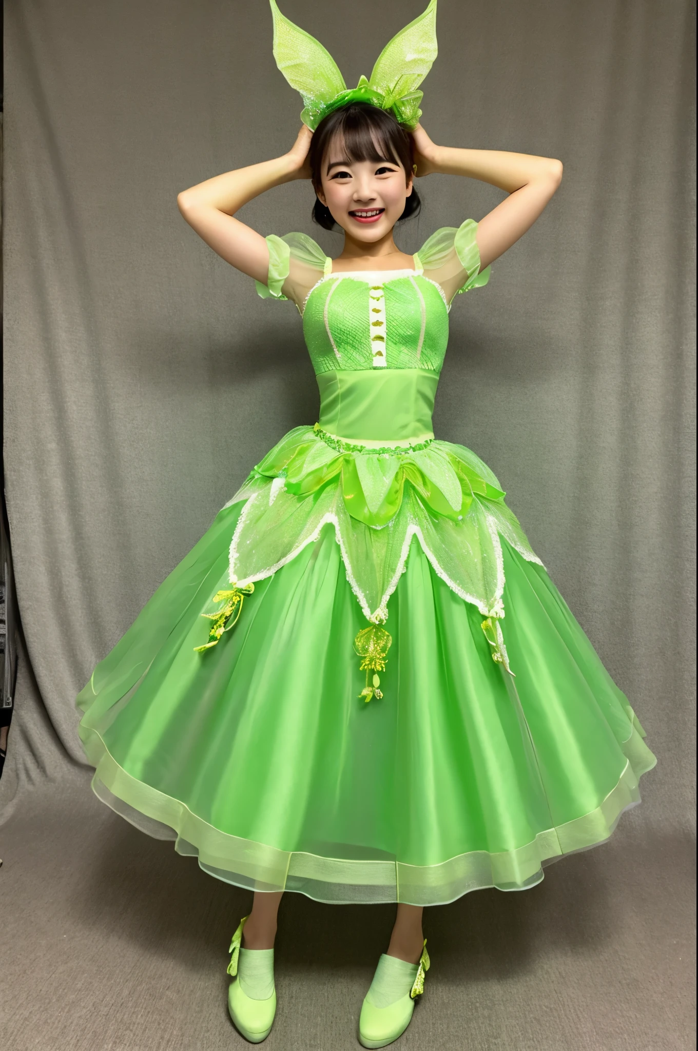 A cute fairy of a beautiful girl wearing an Earl's melon with green flesh and a fine mesh pattern on the skin.、A full-body pose wearing a dress with an Earl's melon design and jumping around with a cheerful smile。The beautiful girl fairy that is generated is、Depicting the entire body so that it does not protrude from the screen。