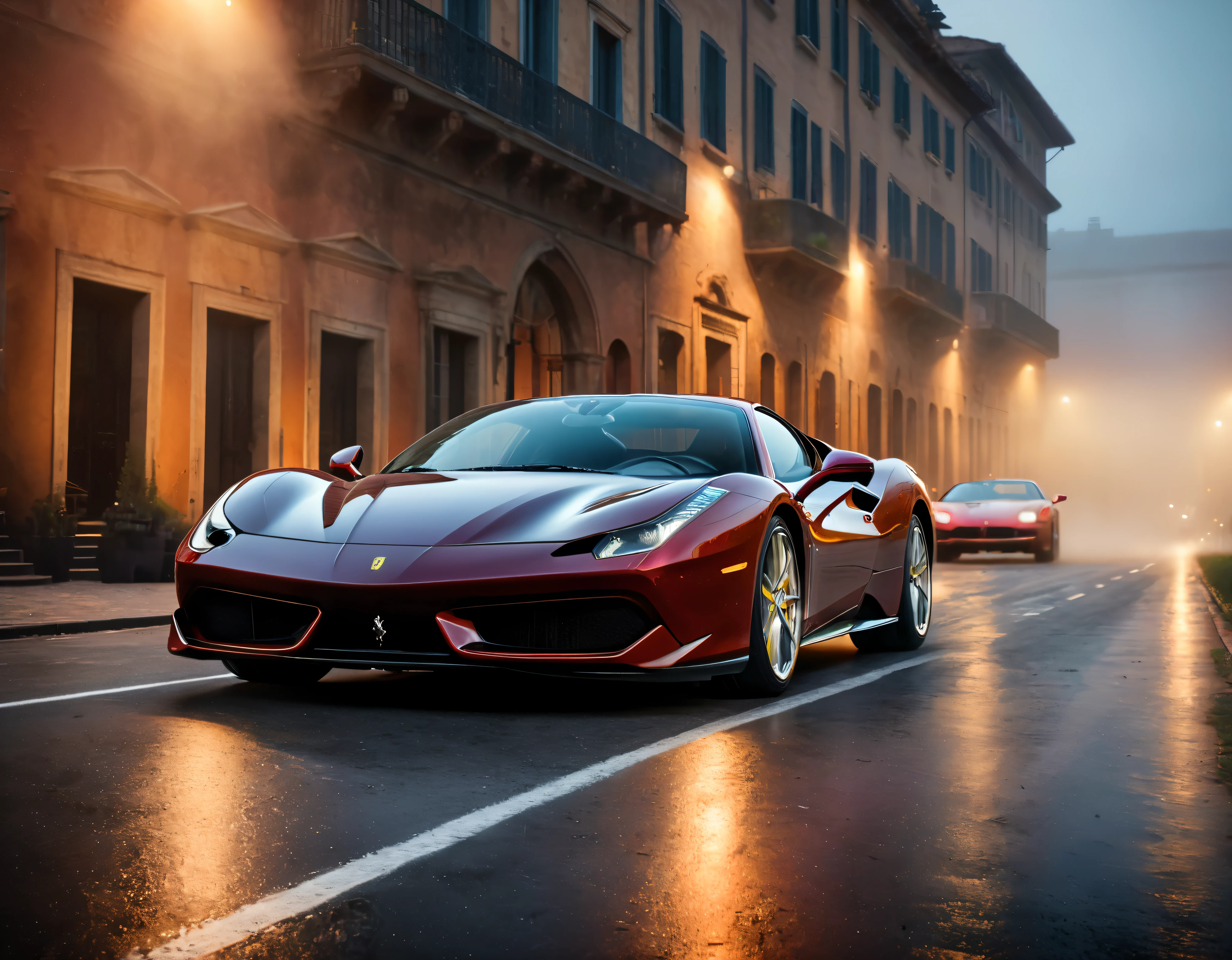 ((Masterpiece in maximum 16K resolution):1.6),((soft_color_photograpy:)1.5), ((Ultra-Detailed):1.4),((Movie-like still images and dynamic angles):1.3). | (Cinematic photo of an speeding Ferrarri Roma), (cinematic lens), ((tyndall effect):1.1), (fog), (mist), (super car), (fog light), (sense of speed), (Dawn at Autobahn), (shimmer), (visual experience), (Realism), (Realistic), award-winning graphics, dark shot, film grain, extremely detailed, Digital Art, rtx, Unreal Engine, scene concept anti glare effect, All captured with sharp focus.