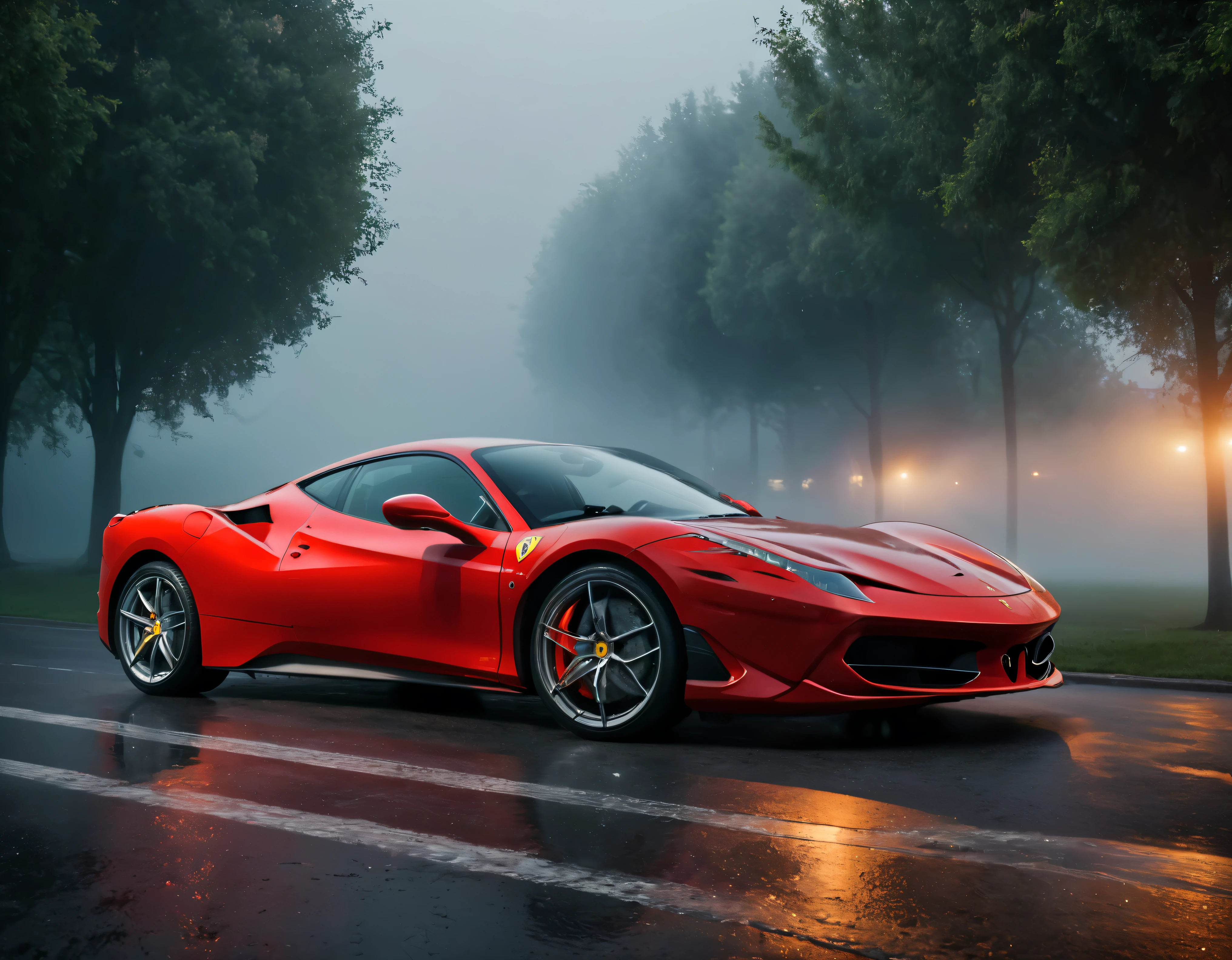 ((Masterpiece in maximum 16K resolution):1.6),((soft_color_photograpy:)1.5), ((Ultra-Detailed):1.4),((Movie-like still images and dynamic angles):1.3). | (Cinematic photo of an speeding Ferrarri Roma), (cinematic lens), ((tyndall effect):1.1), (fog), (mist), (super car), (fog light), (sense of speed), (Dawn at Autobahn), (shimmer), (visual experience), (Realism), (Realistic), award-winning graphics, dark shot, film grain, extremely detailed, Digital Art, rtx, Unreal Engine, scene concept anti glare effect, All captured with sharp focus.