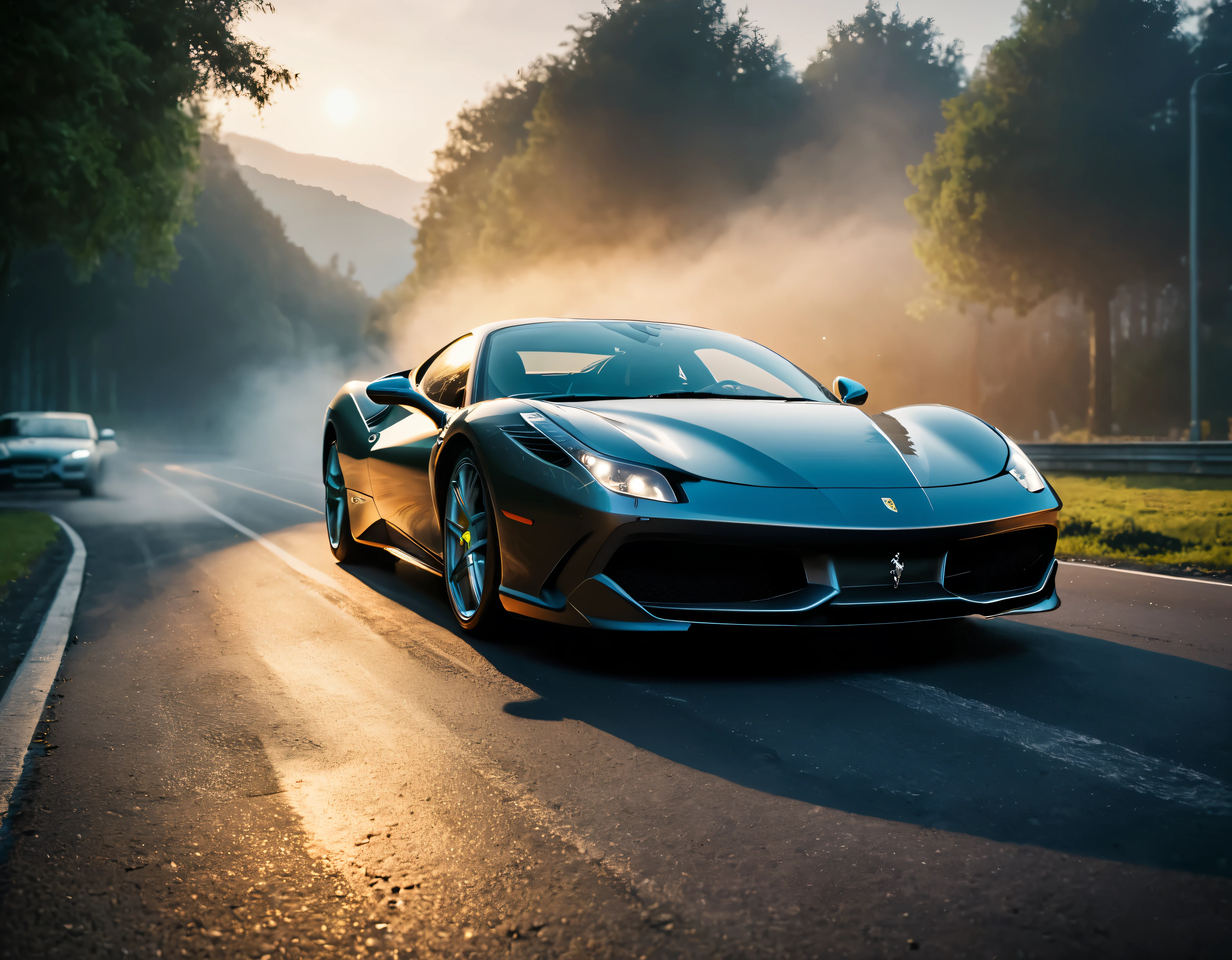 ((Masterpiece in maximum 16K resolution):1.6),((soft_color_photograpy:)1.5), ((Ultra-Detailed):1.4),((Movie-like still images and dynamic angles):1.3). | (Cinematic photo of an speeding Ferrarri Roma), (cinematic lens), ((tyndall effect):1.1), (fog), (mist), (super car), (fog light), (sense of speed), (Dawn at Autobahn), (shimmer), (visual experience), (Realism), (Realistic), award-winning graphics, dark shot, film grain, extremely detailed, Digital Art, rtx, Unreal Engine, scene concept anti glare effect, All captured with sharp focus.