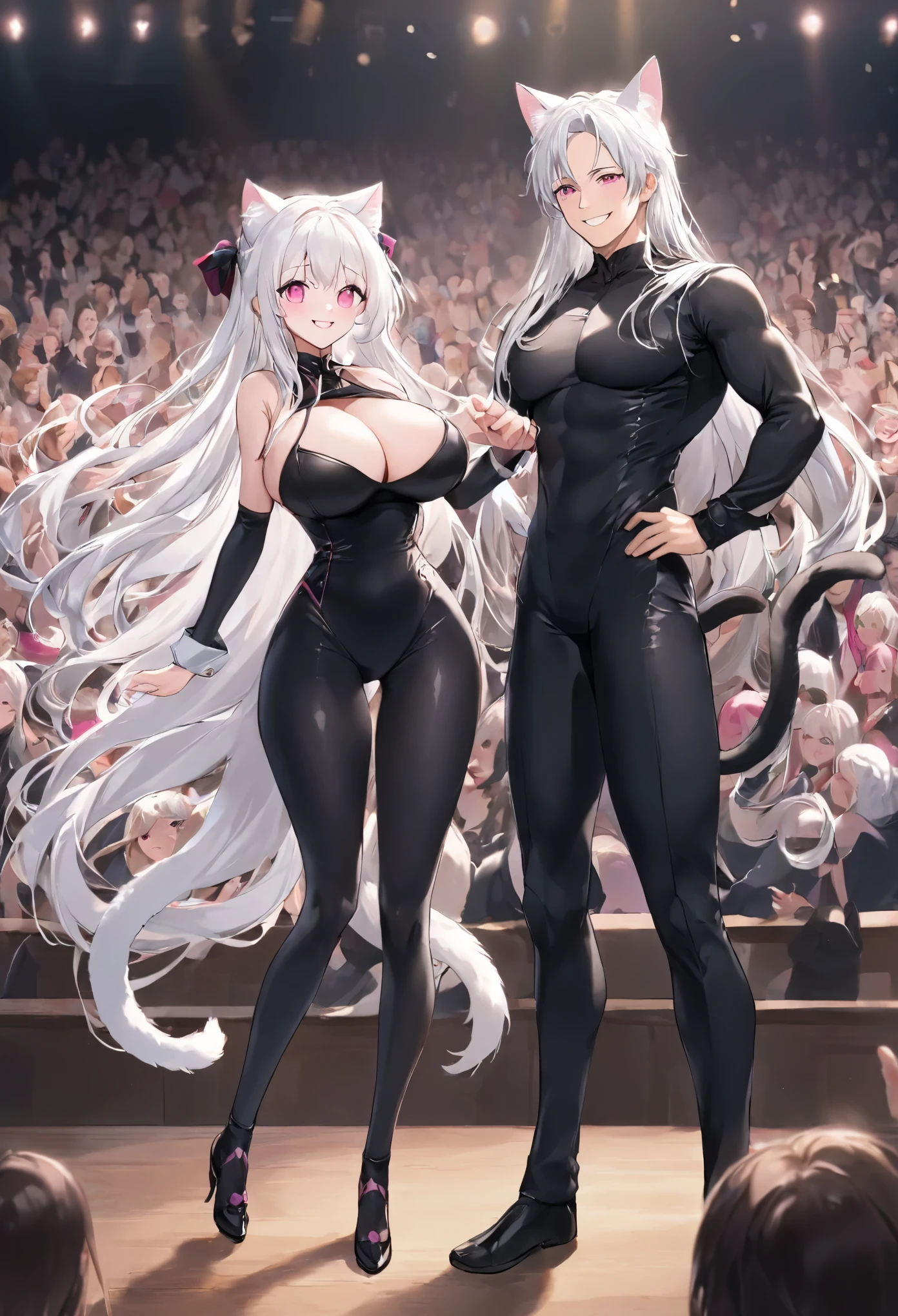 ((best quality)), Cat, animal ears, Tail, black bodysuit, 1 boy, whole body, 1 girl, long hair, white hair, ,pink eyes, looking at the audience, Smile,Big breasts,Perfect body