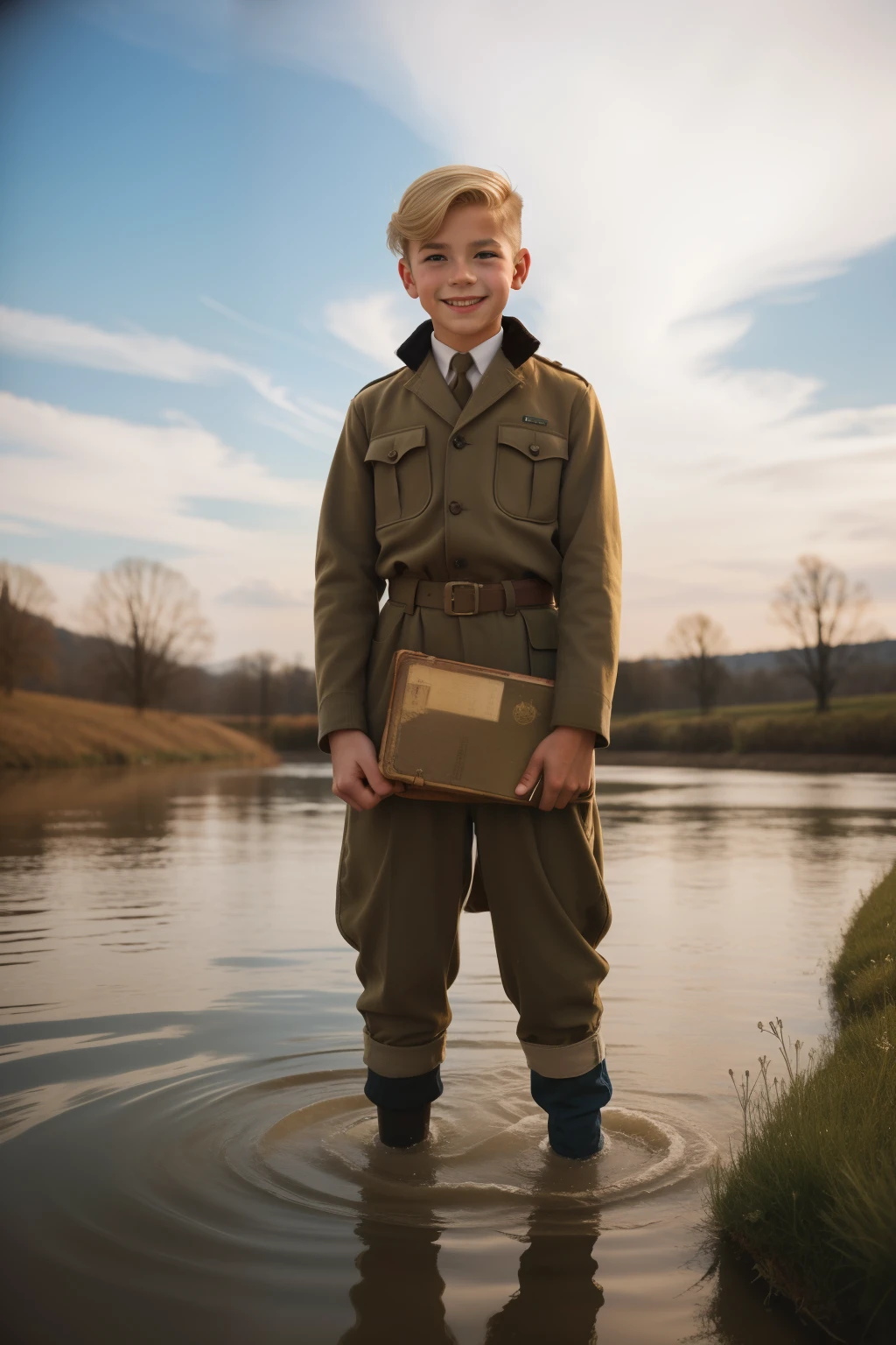 Molching, Germany, 1941. landscape view, ((((-yeld)) y Steiner)), very thin boy, athletic, bony legs, gangly eyes, inside a river, ((((water up to the waist)))), holding a book, smiling, winter, cold. ((((casual poor boy clothings from the 1940s)))), ((light-blond hairstyle of the 1940s))