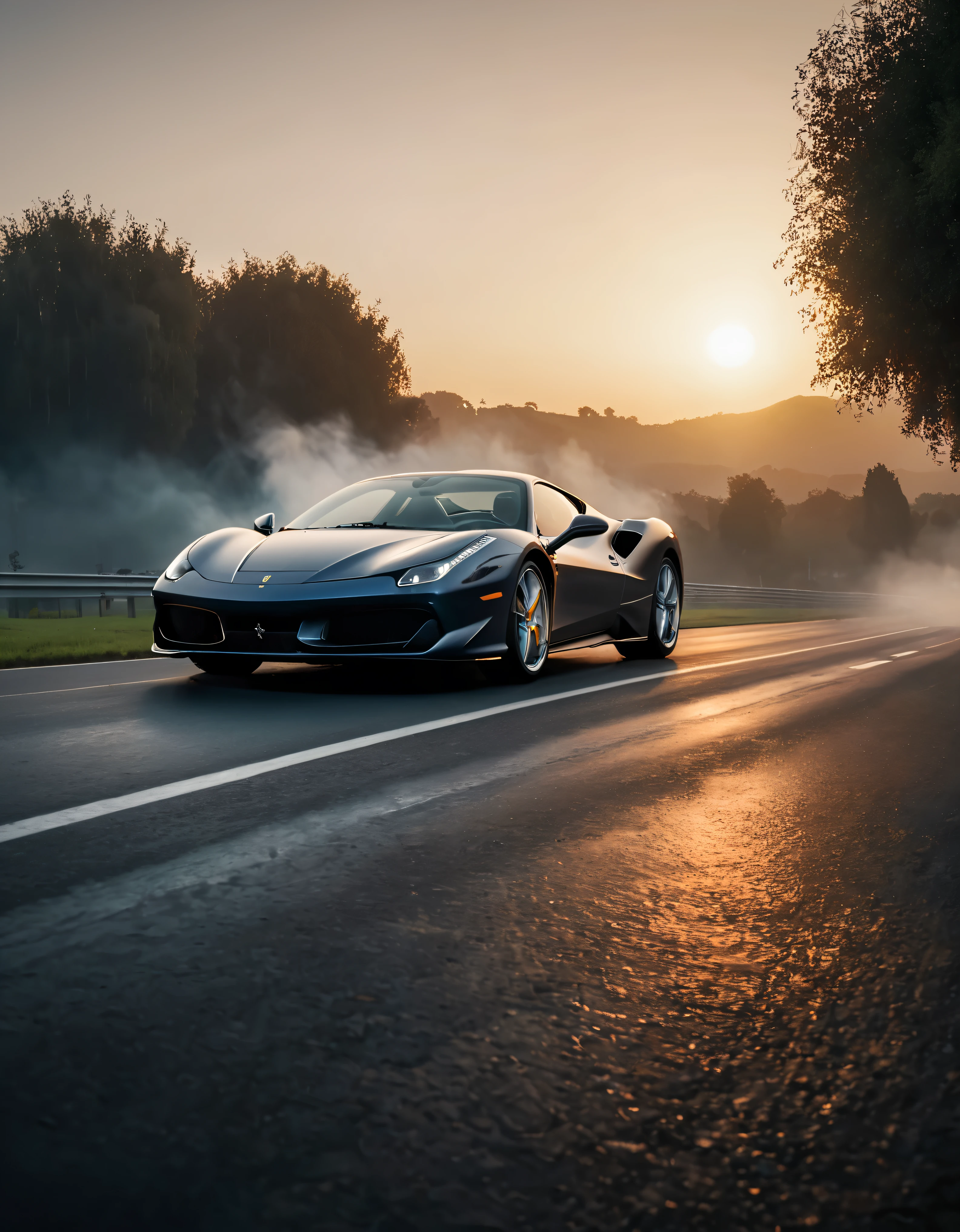 ((Masterpiece in maximum 16K resolution):1.6),((soft_color_photograpy:)1.5), ((Ultra-Detailed):1.4),((Movie-like still images and dynamic angles):1.3). | (Cinematic photo of an speeding Ferrarri Roma), (cinematic lens), ((tyndall effect):1.1), (fog), (mist), (super car), (fog light), (sense of speed), (Dawn at Autobahn), (shimmer), (visual experience), (Realism), (Realistic), award-winning graphics, dark shot, film grain, extremely detailed, Digital Art, rtx, Unreal Engine, scene concept anti glare effect, All captured with sharp focus.